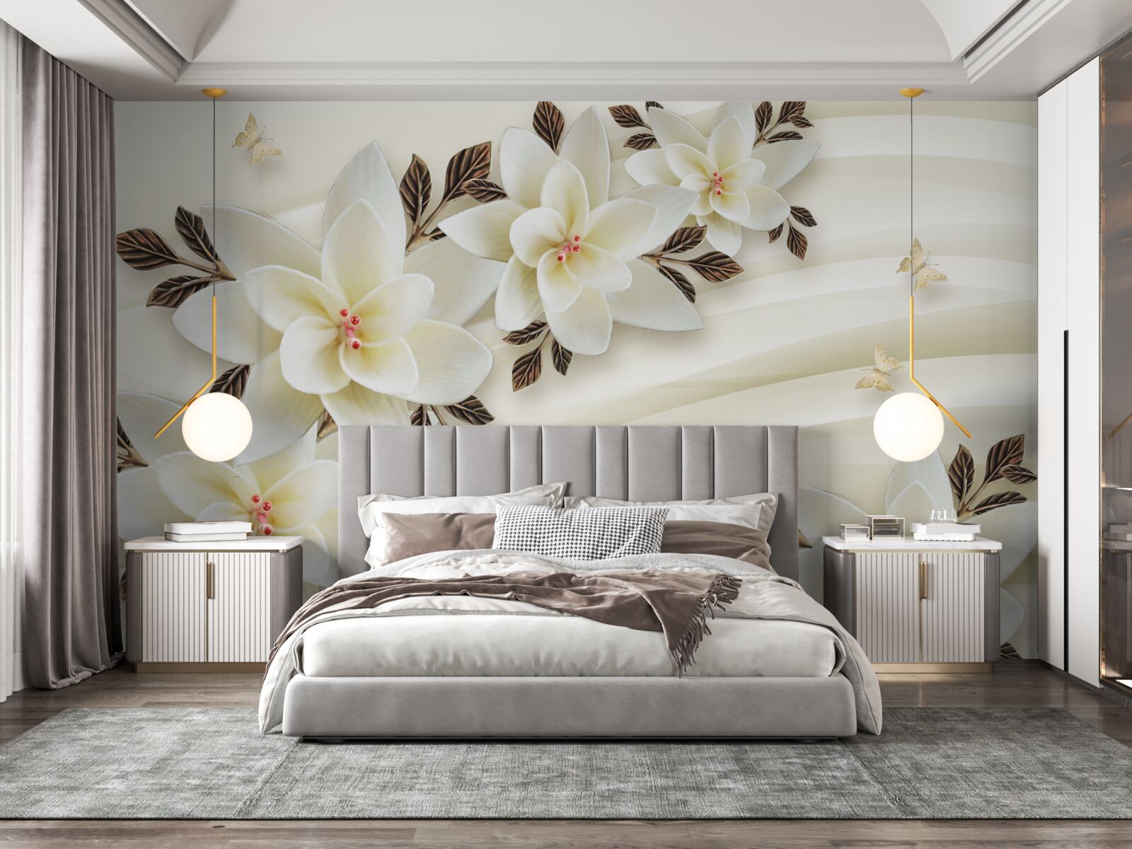 Papier peint le tissu est décoré de fleurs de lotus blanches