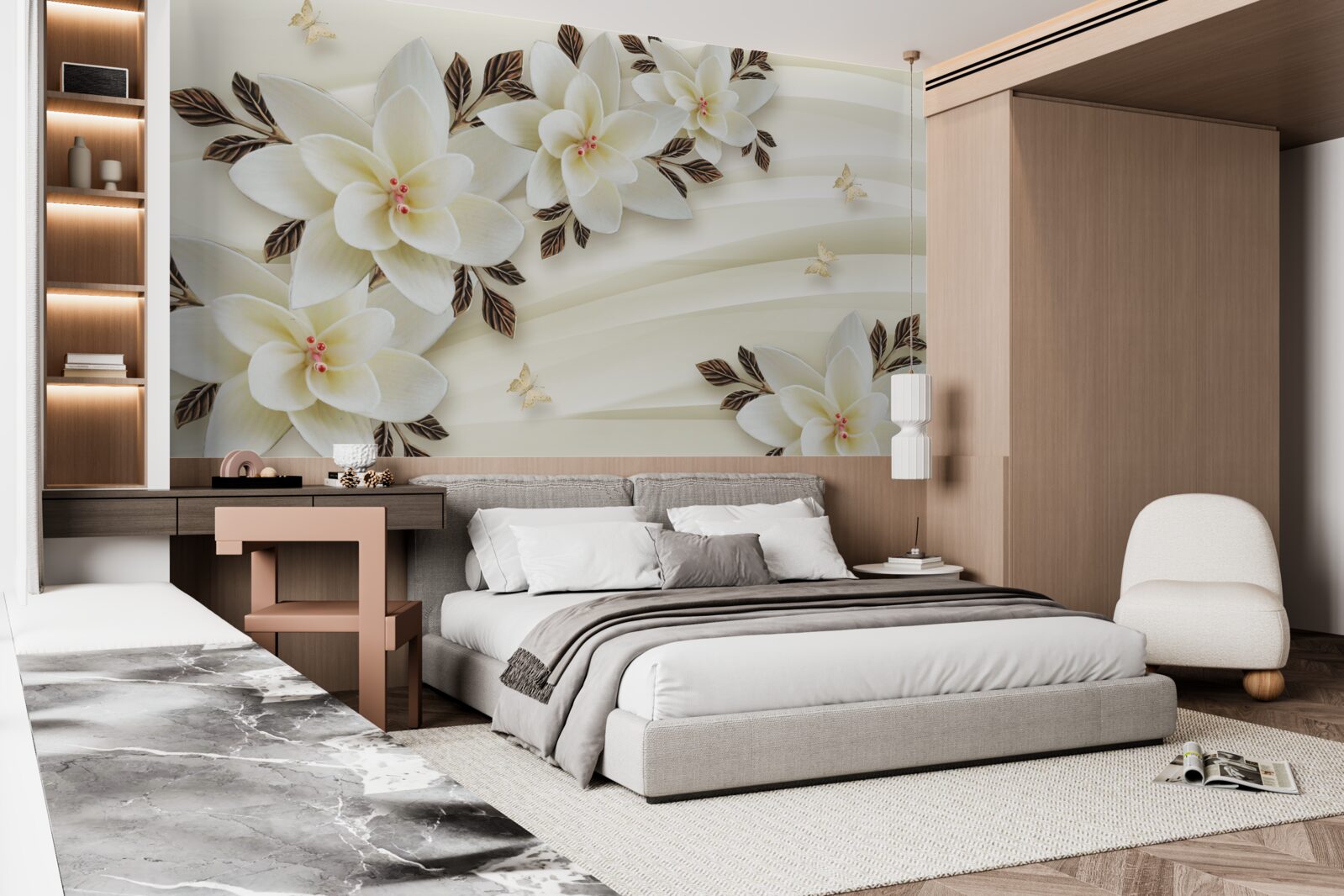 Papier peint le tissu est décoré de fleurs de lotus blanches