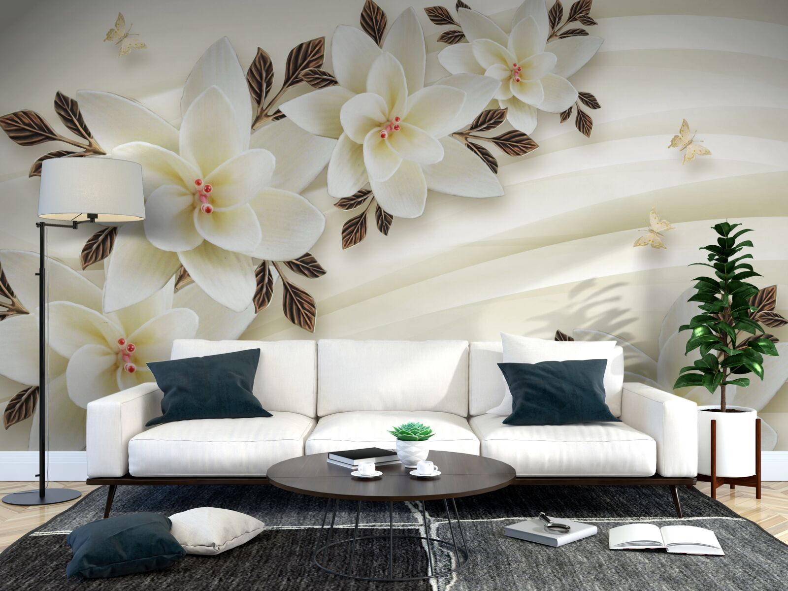 Papier peint le tissu est décoré de fleurs de lotus blanches