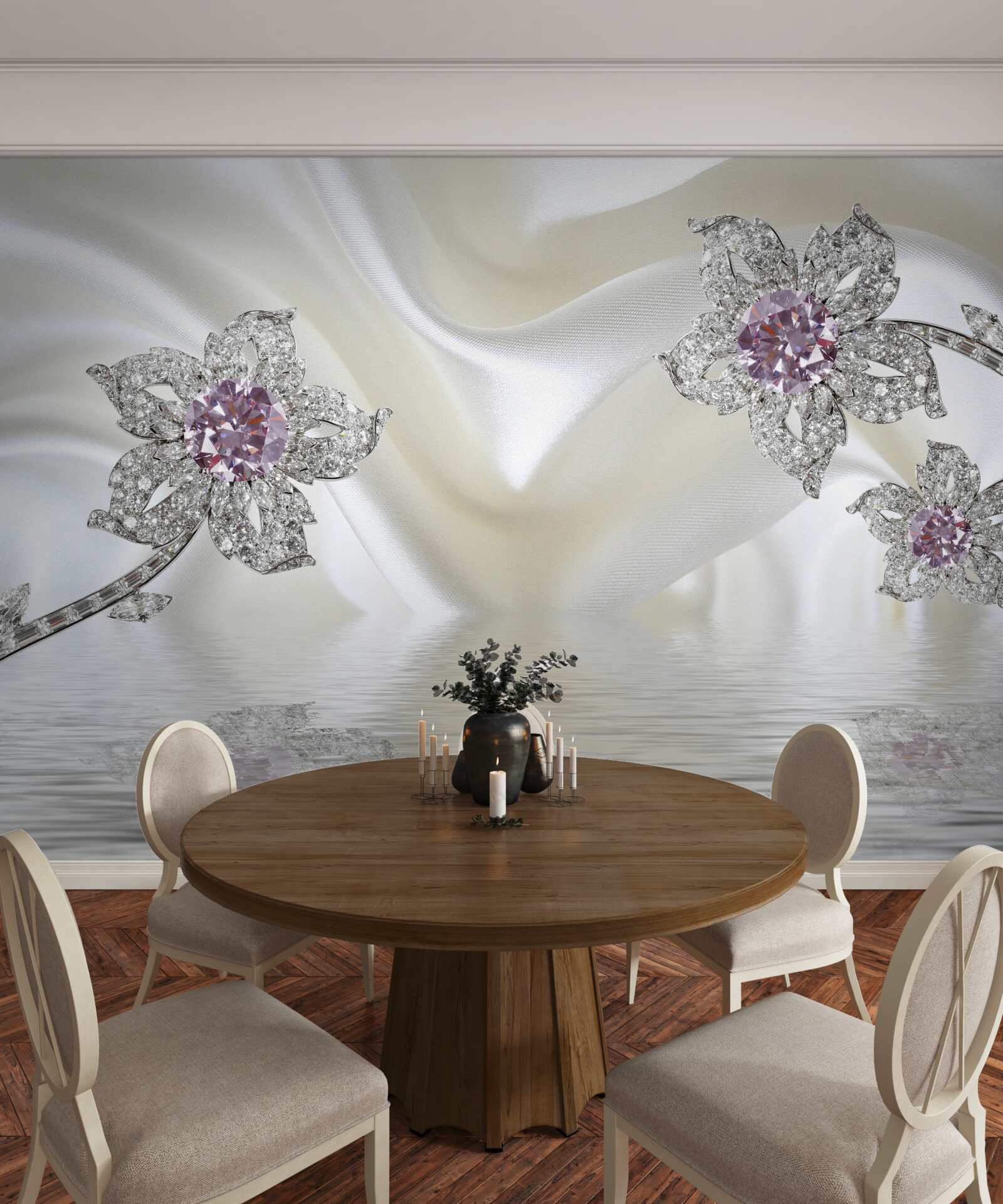 Papier peint bijoux en argent en forme de fleurs