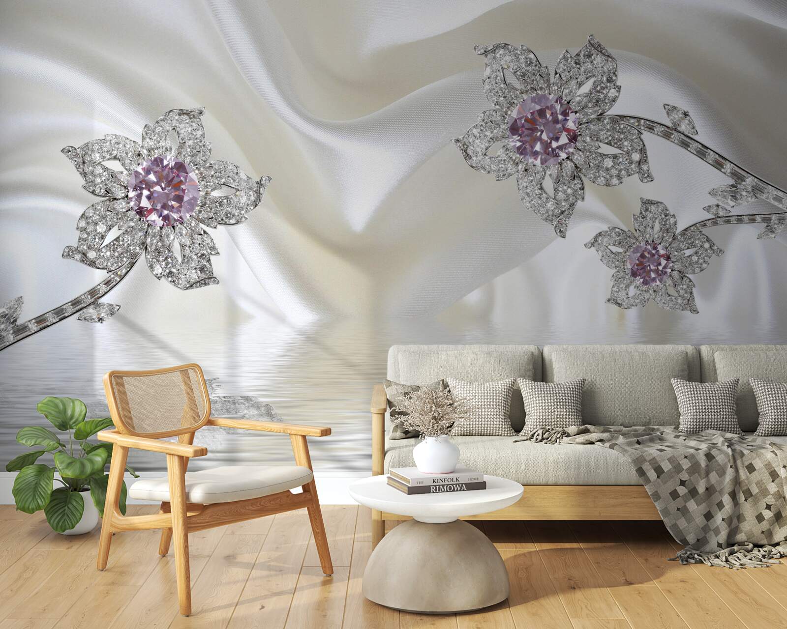 Papier peint bijoux en argent en forme de fleurs