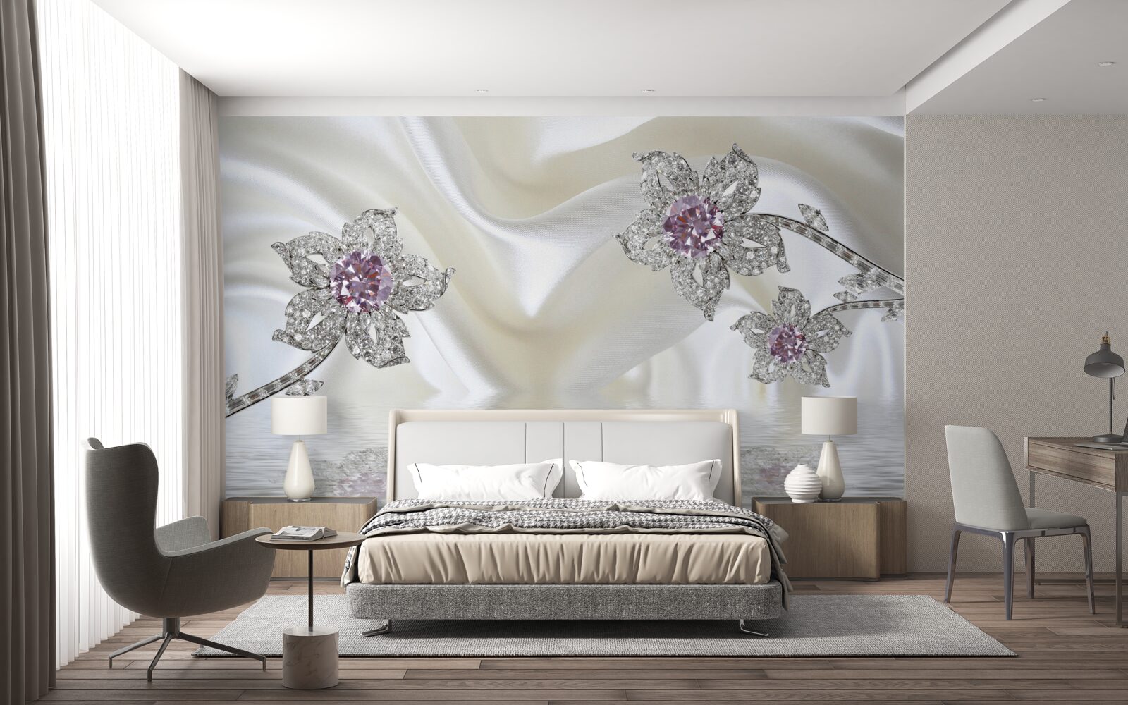 Papier peint bijoux en argent en forme de fleurs