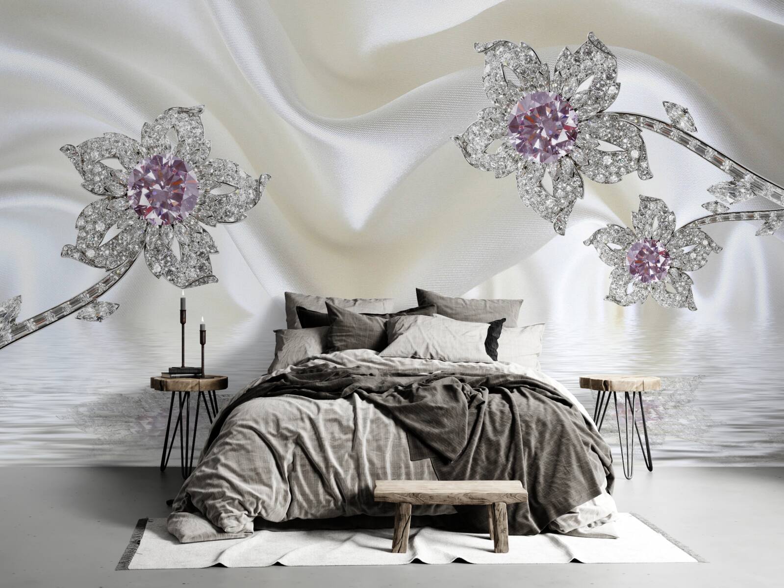 Papier peint bijoux en argent en forme de fleurs