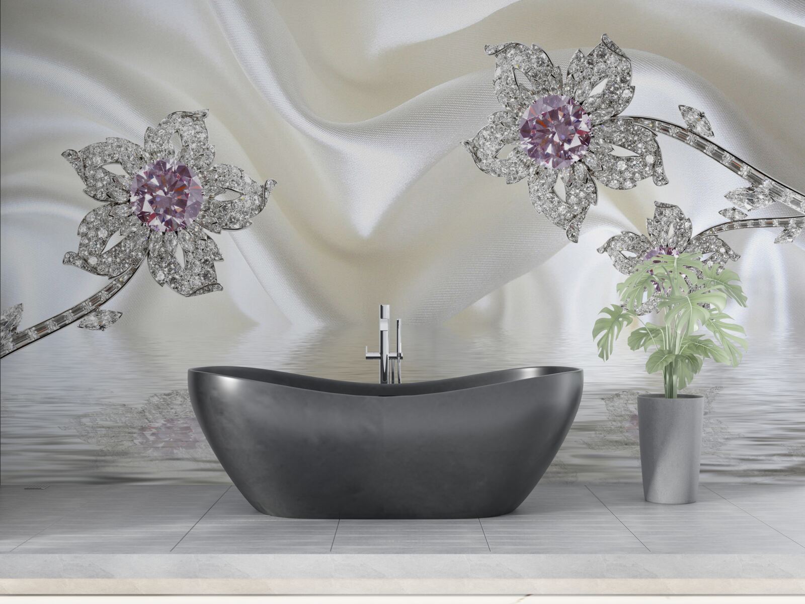 Papier peint bijoux en argent en forme de fleurs