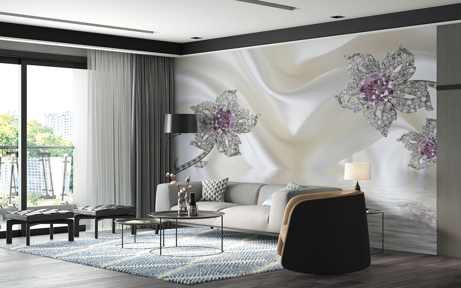 Papier peint bijoux en argent en forme de fleurs