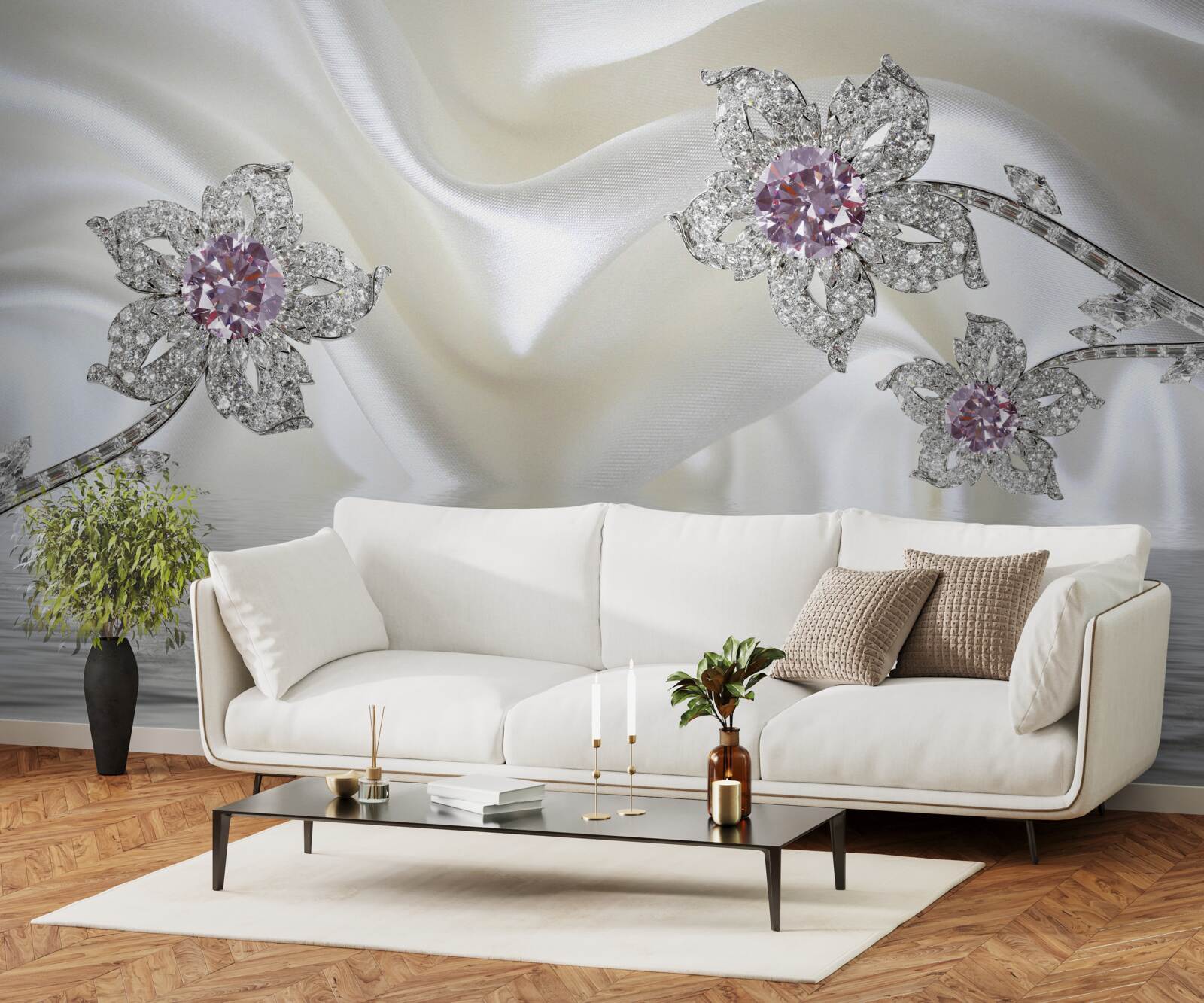 Papier peint bijoux en argent en forme de fleurs