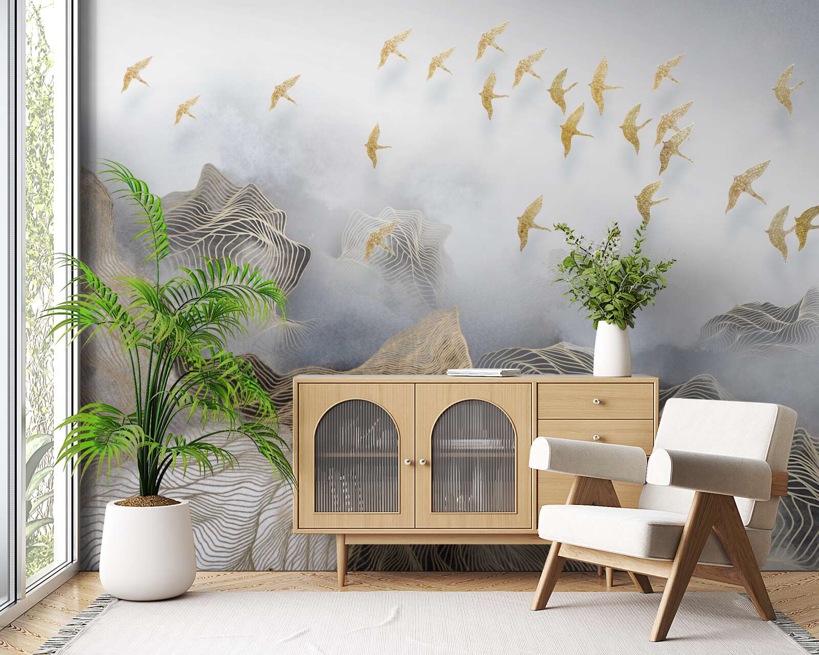 Papier peint montagnes et oiseaux dans le brouillard de l'abstraction