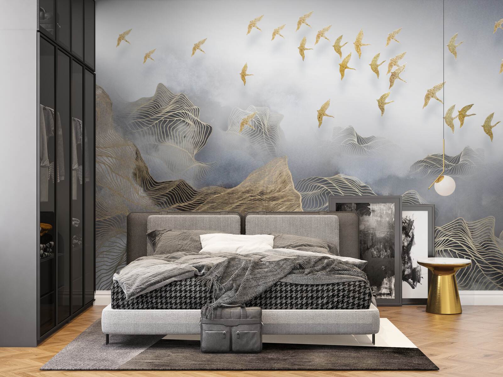 Papier peint montagnes et oiseaux dans le brouillard de l'abstraction