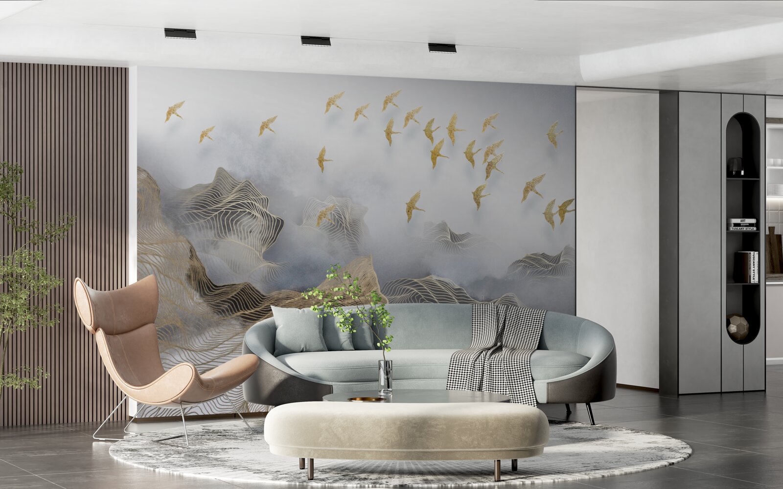 Papier peint montagnes et oiseaux dans le brouillard de l'abstraction