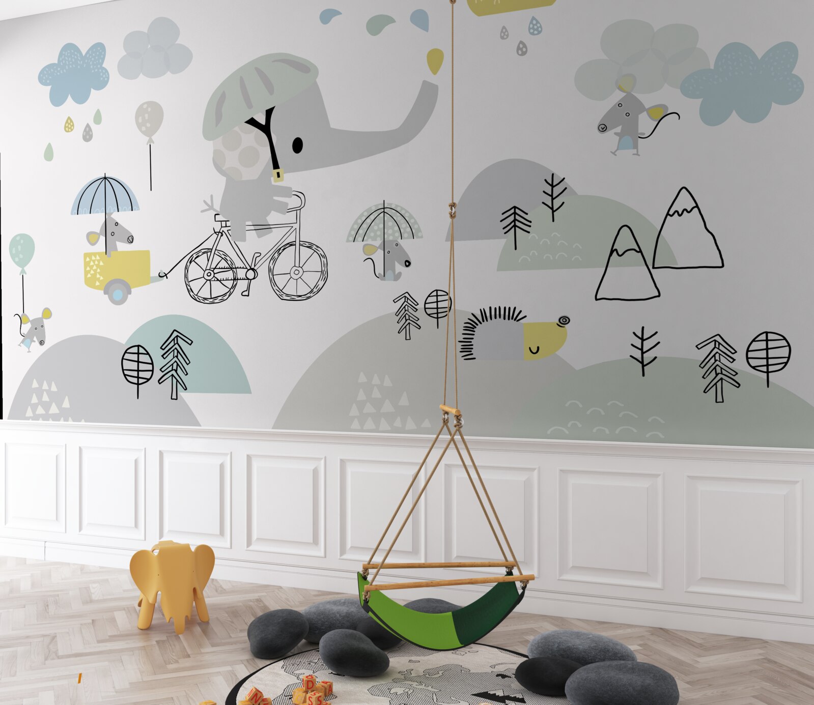 Papier peint un éléphanteau descend le long de la montagne