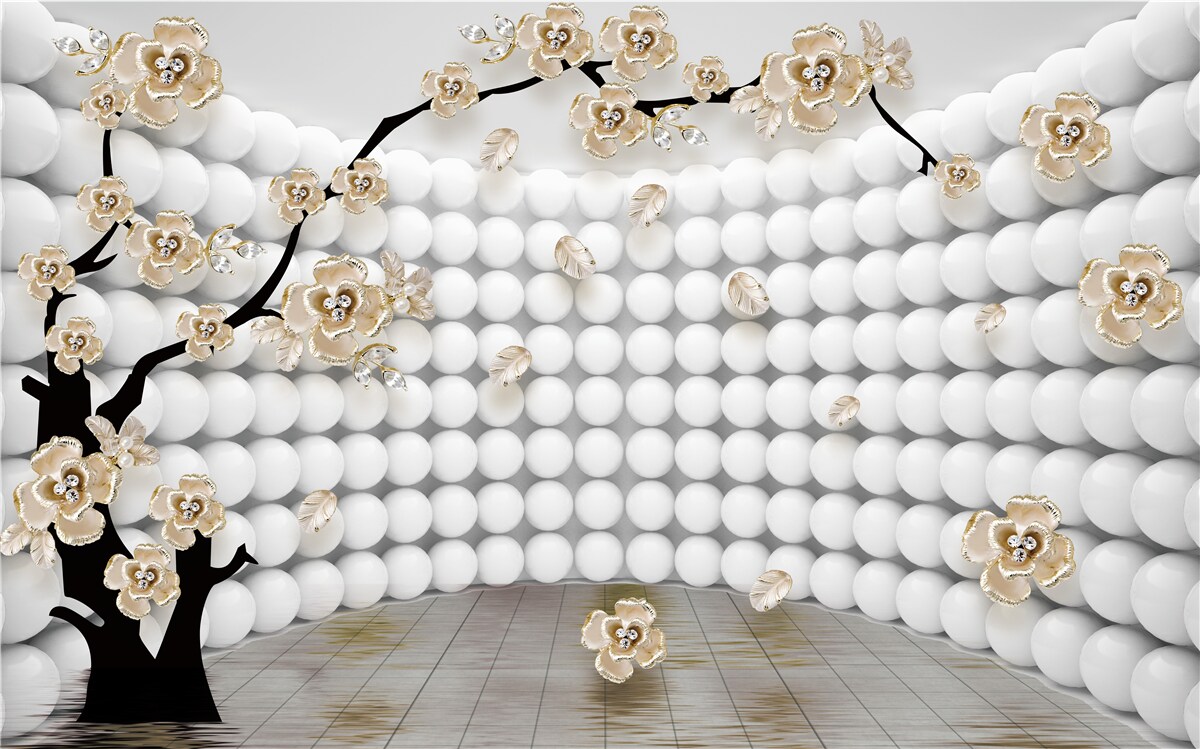 Papier peint salle avec des boules tridimensionnelles et un arbre