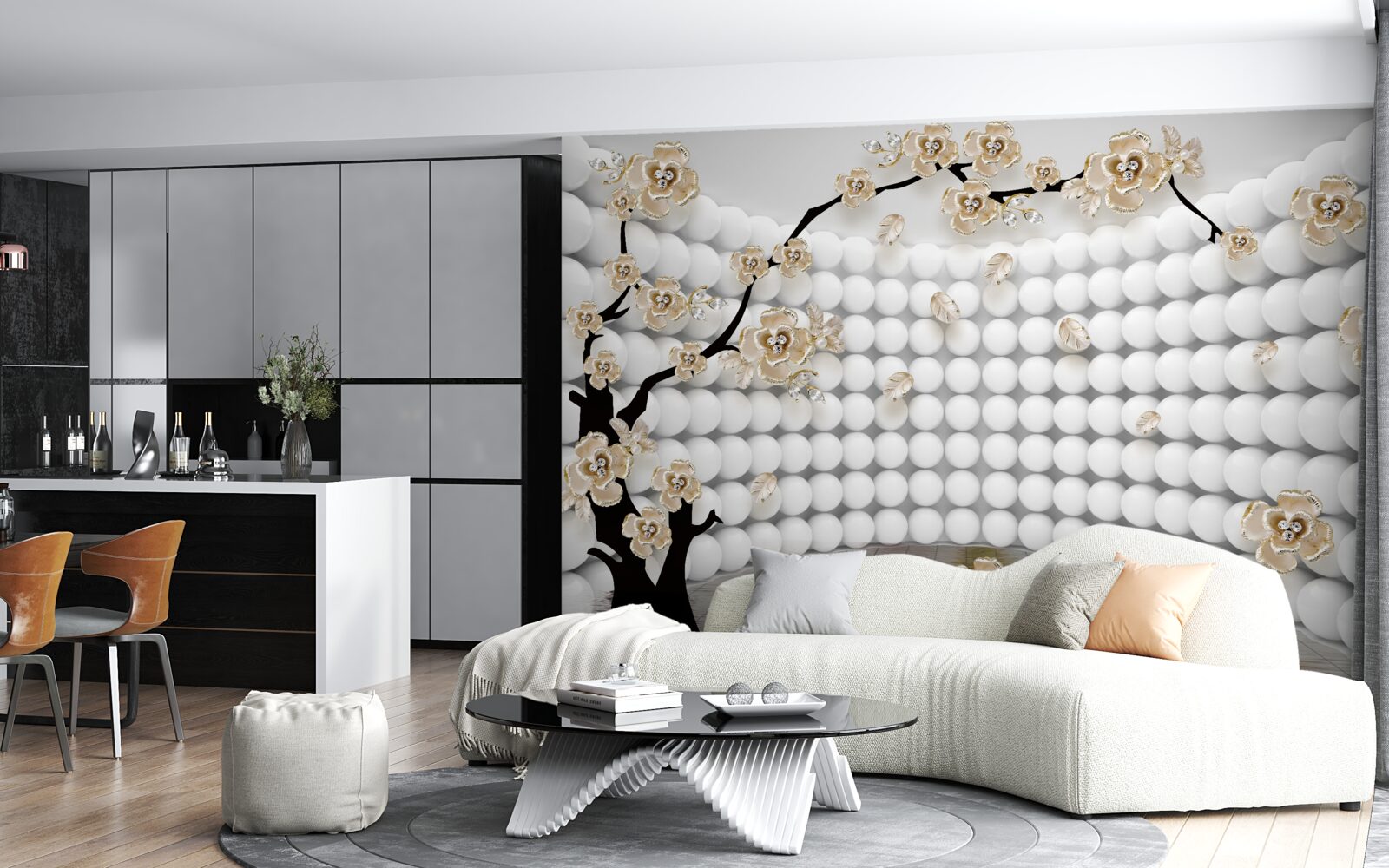 Papier peint salle avec des boules tridimensionnelles et un arbre