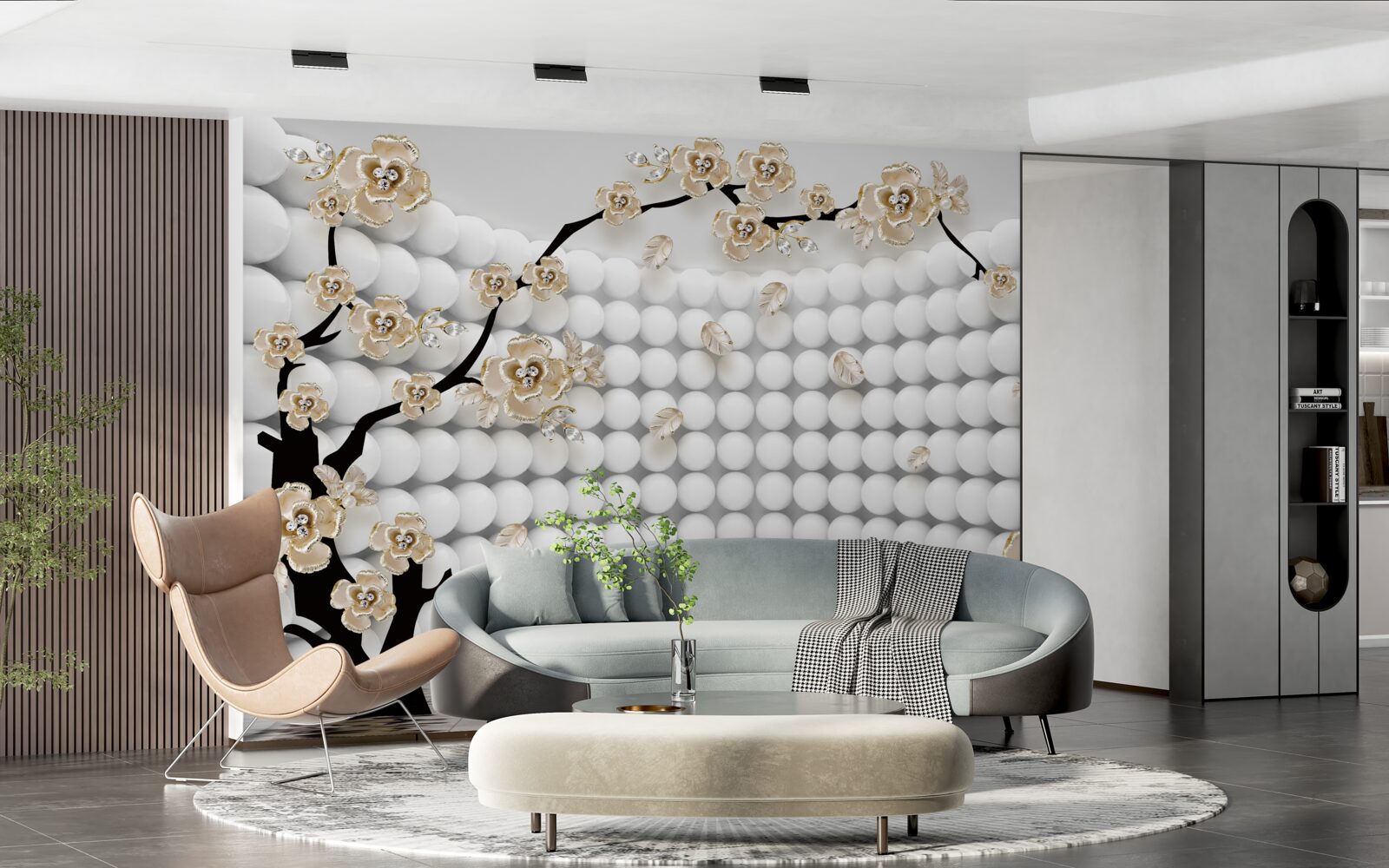 Papier peint salle avec des boules tridimensionnelles et un arbre