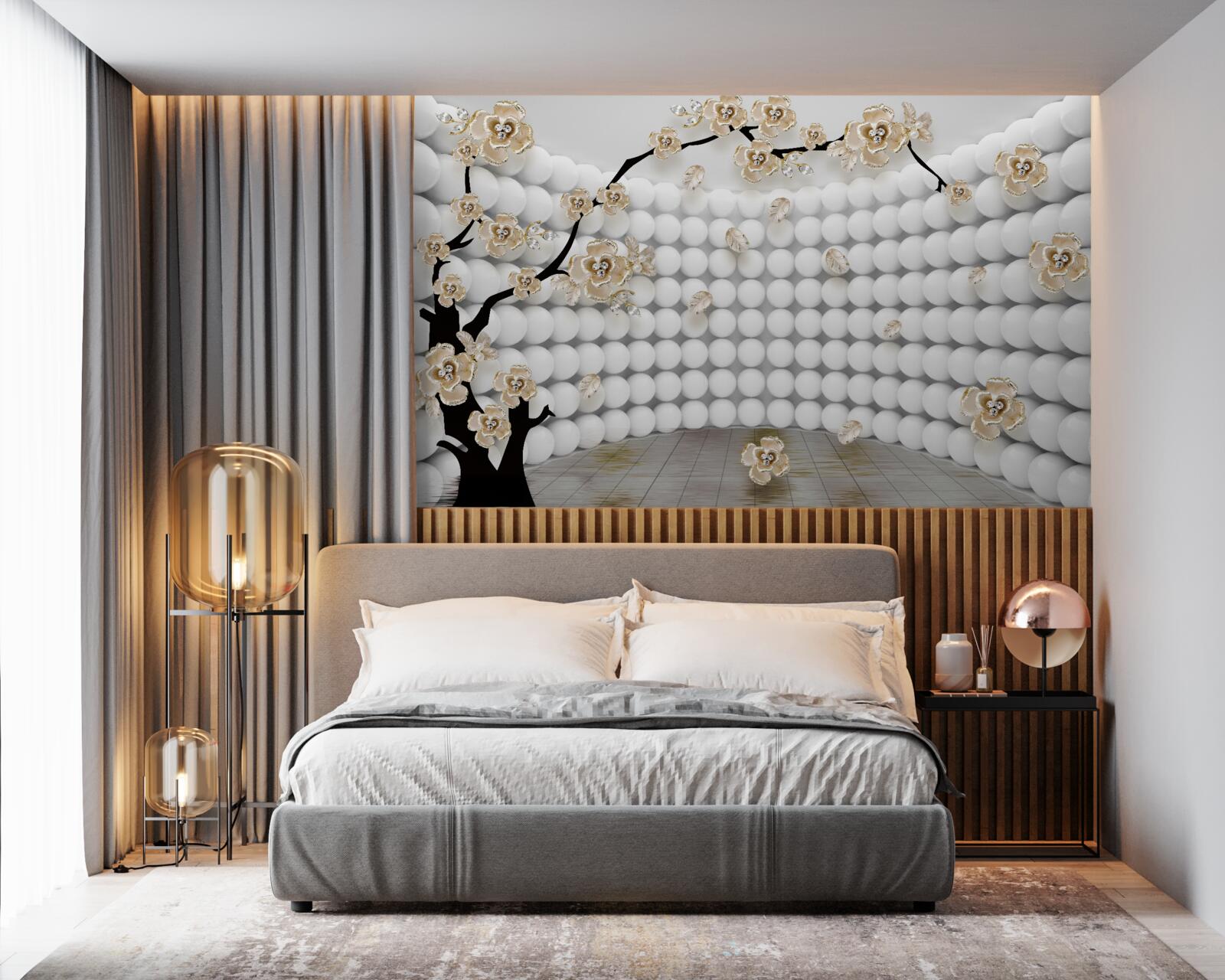 Papier peint salle avec des boules tridimensionnelles et un arbre