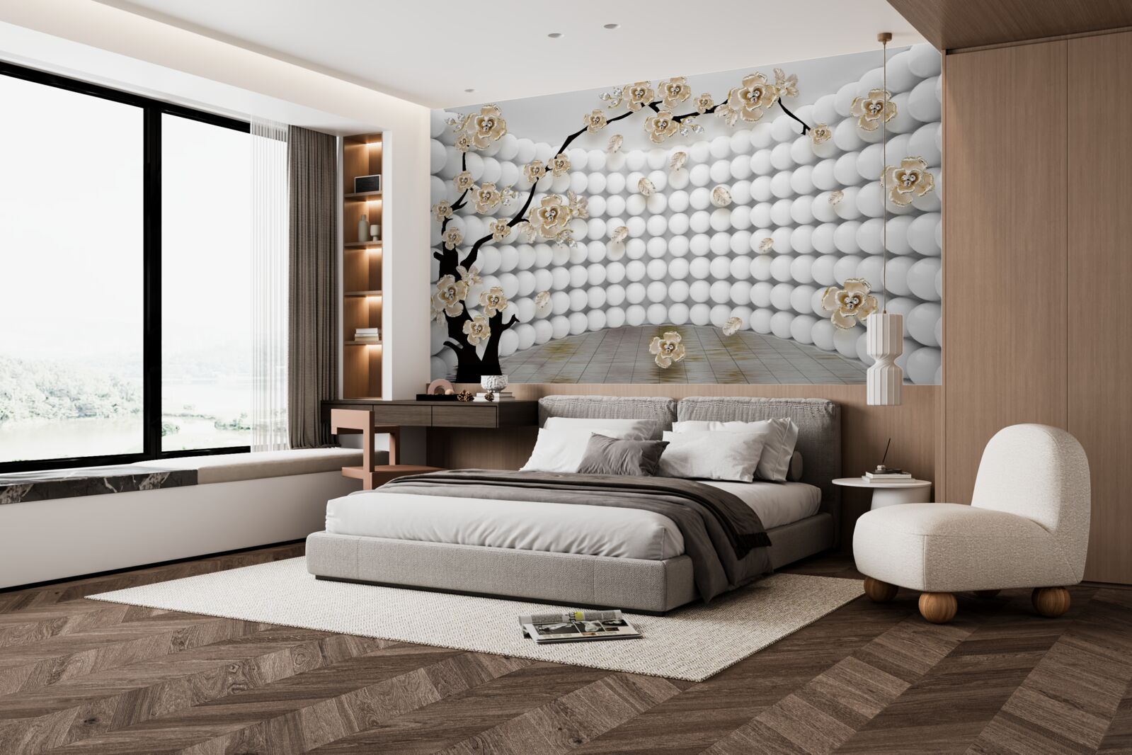 Papier peint salle avec des boules tridimensionnelles et un arbre