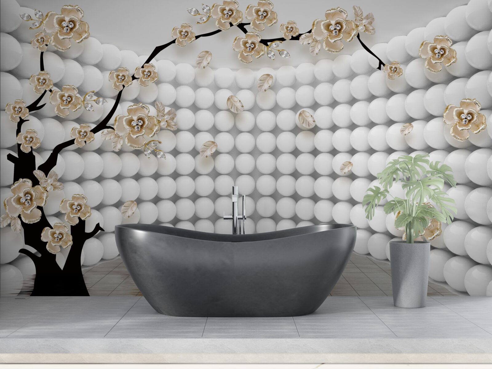 Papier peint salle avec des boules tridimensionnelles et un arbre