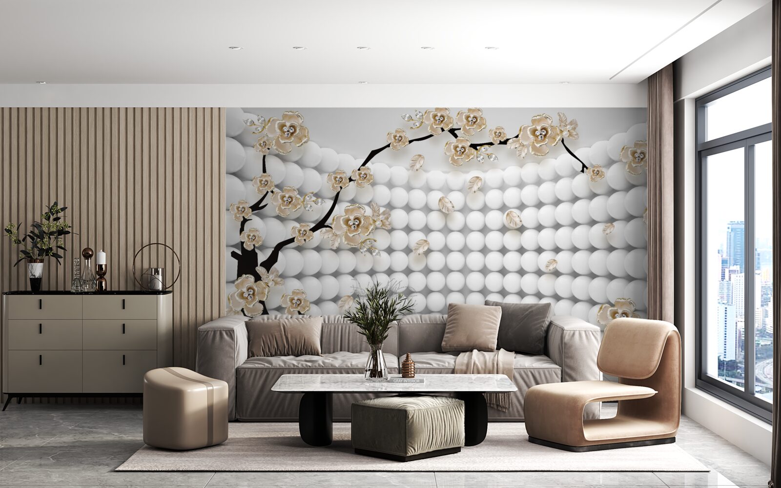 Papier peint salle avec des boules tridimensionnelles et un arbre