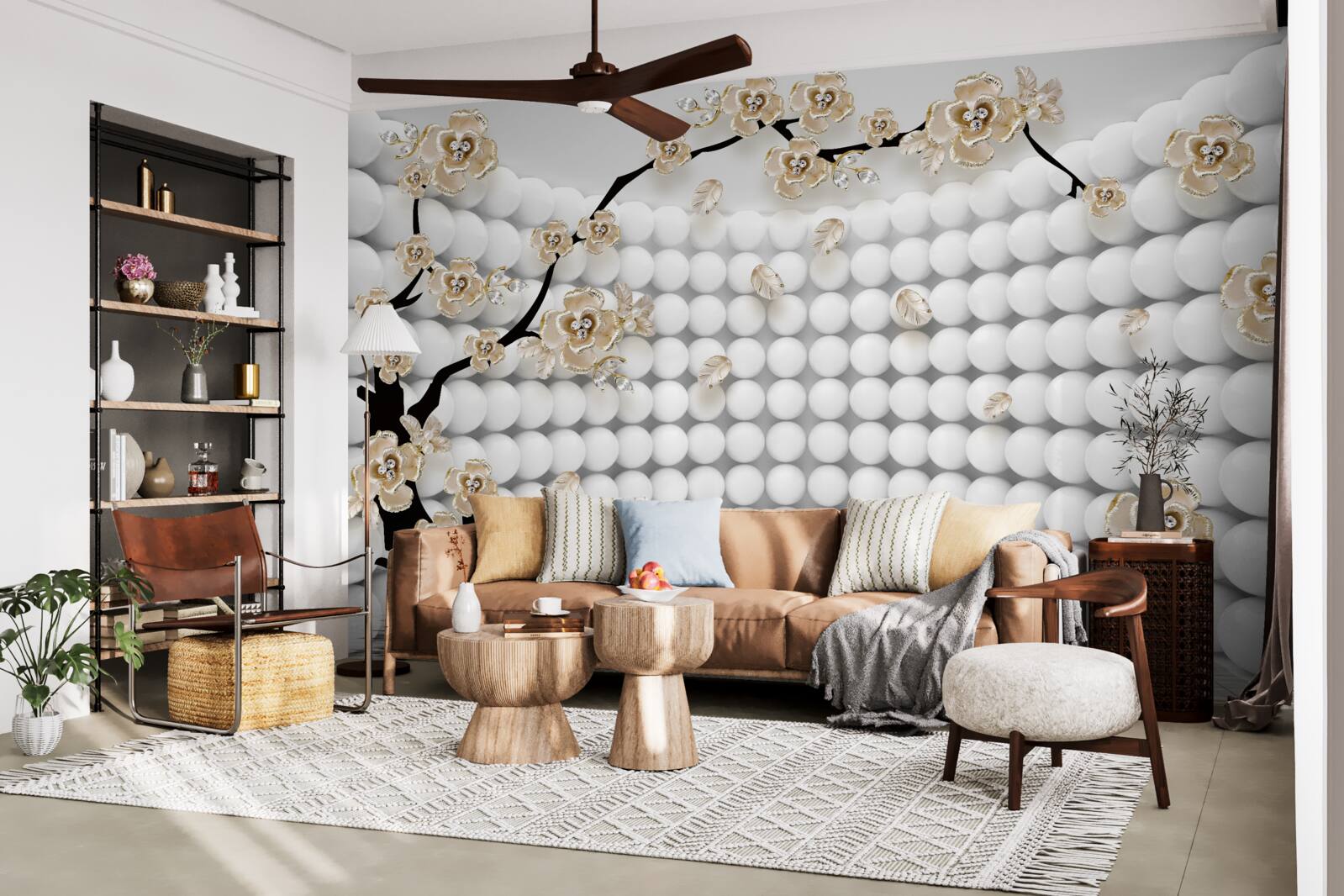 Papier peint salle avec des boules tridimensionnelles et un arbre