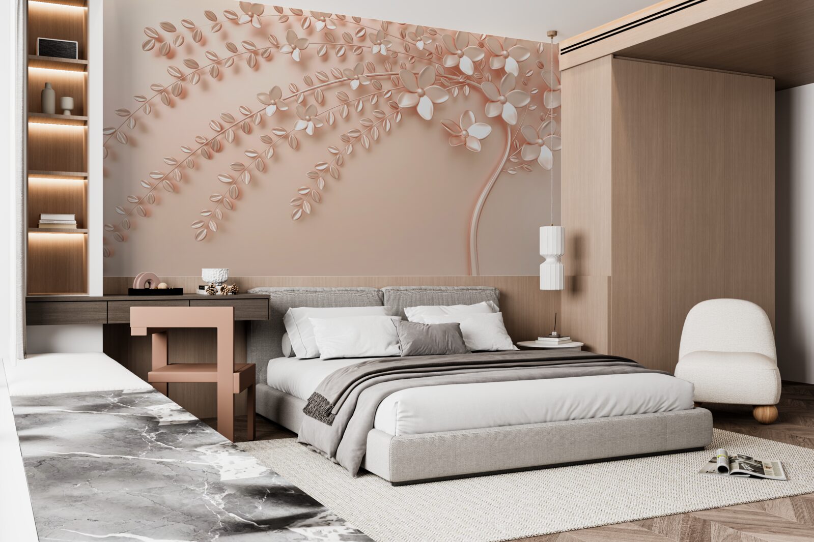 Papier peint arbre au bois fin et à la floraison abondante