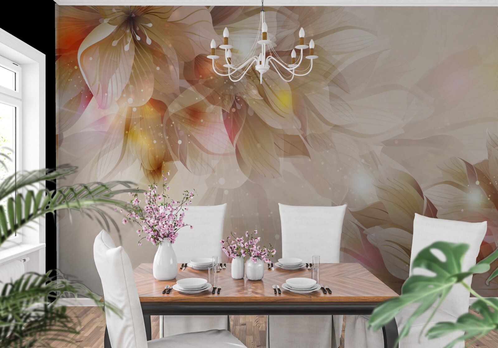 Papier peint fleurs lumineuses avec une lumière douce