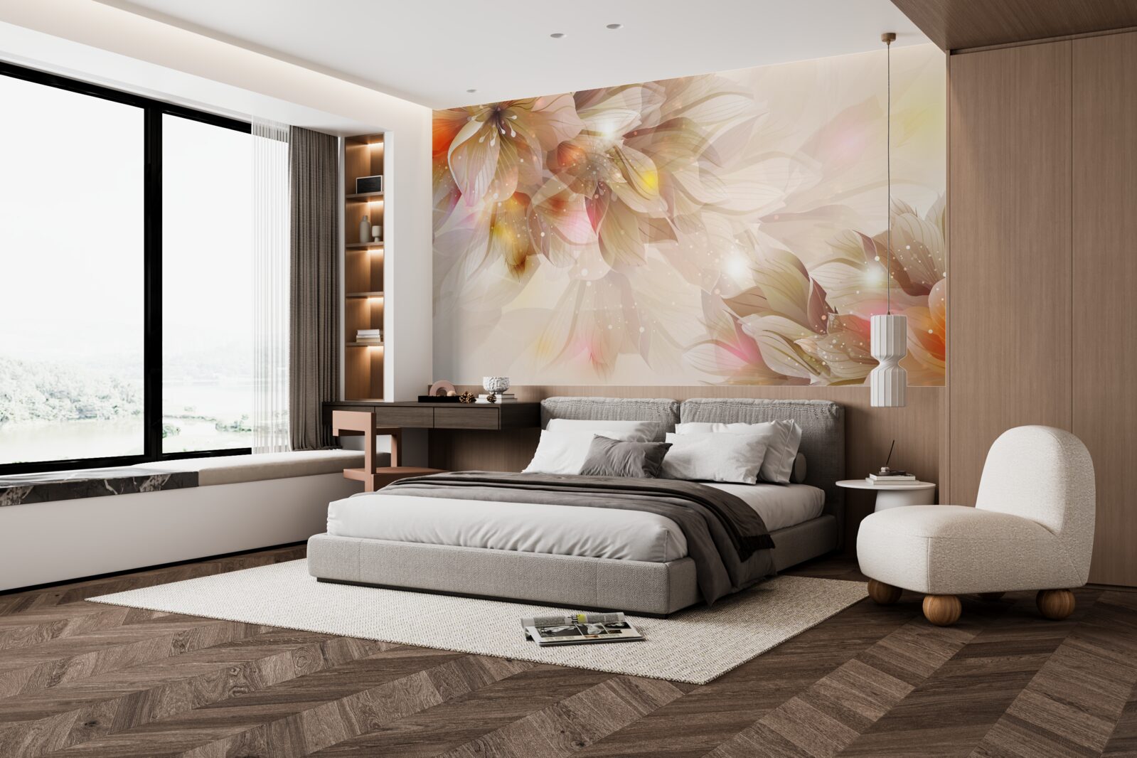 Papier peint fleurs lumineuses avec une lumière douce