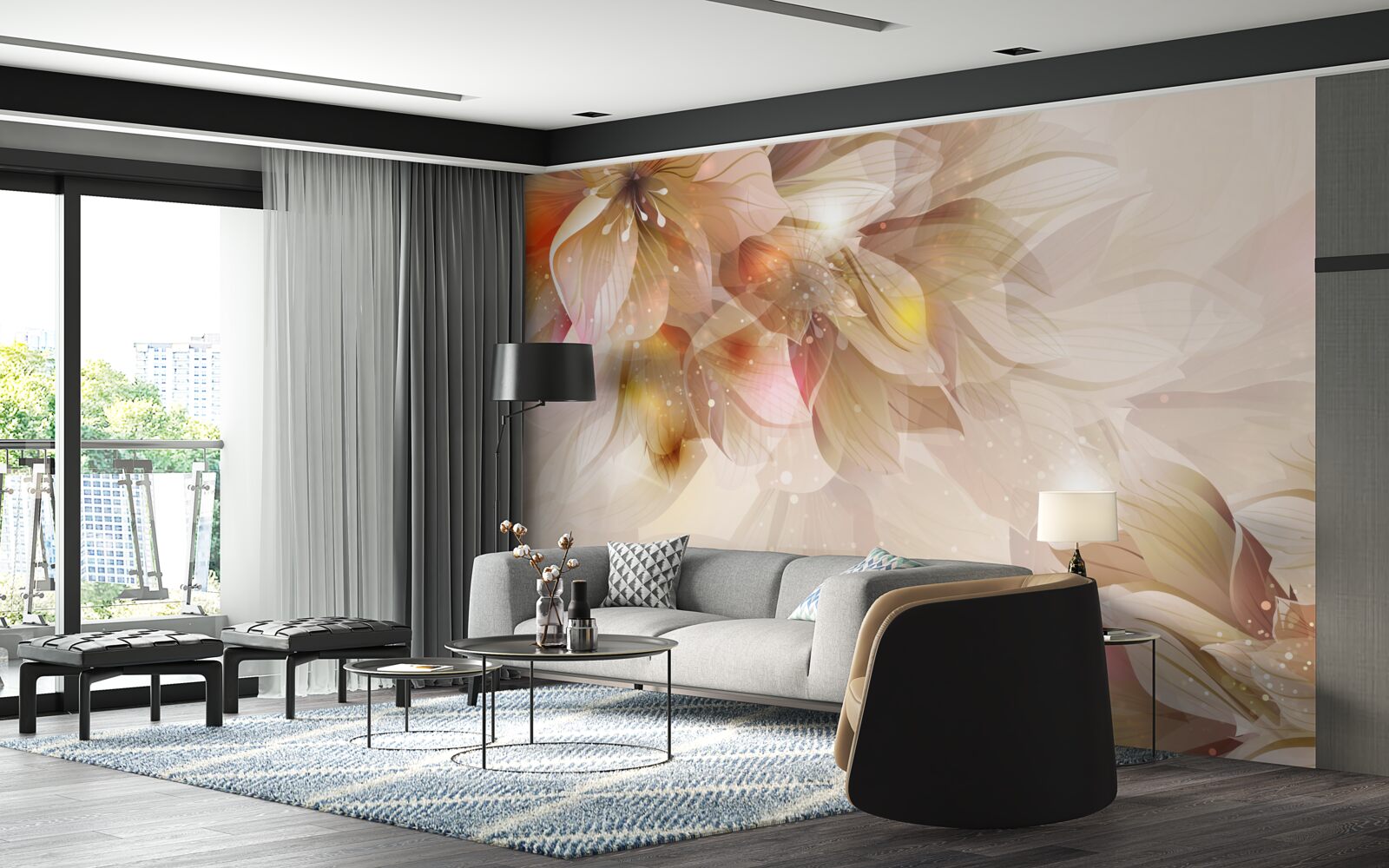 Papier peint fleurs lumineuses avec une lumière douce