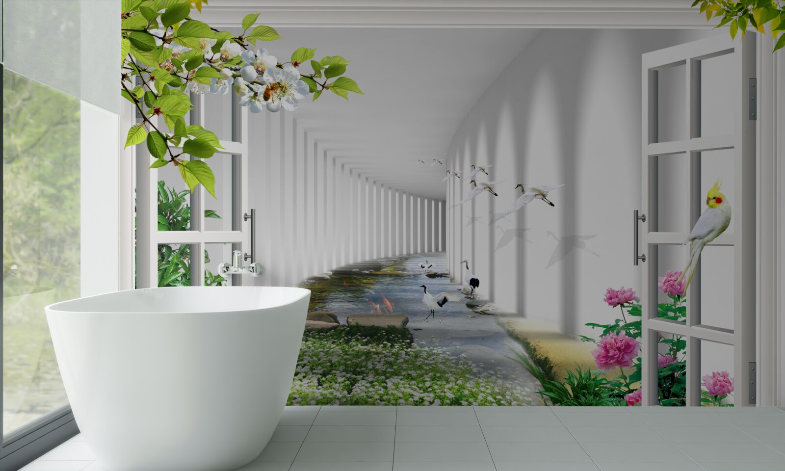 Papier peint vue de la fenêtre sur le tunnel vert