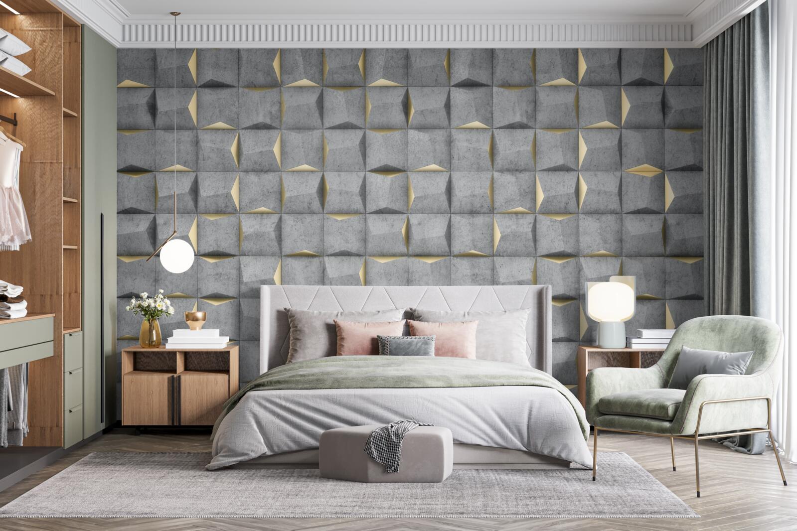 Papier peint rectangles 3d avec éléments dorés