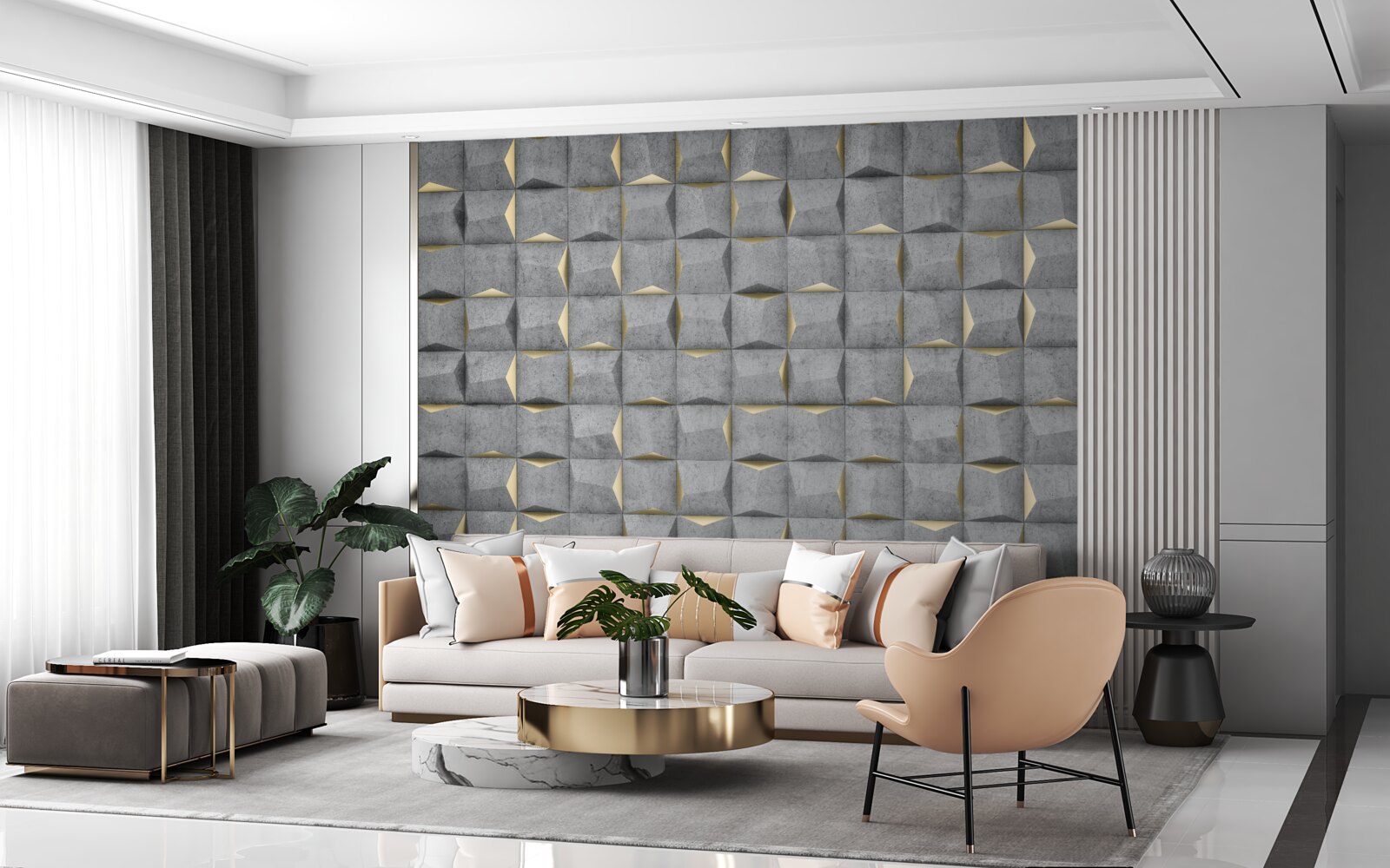 Papier peint rectangles 3d avec éléments dorés