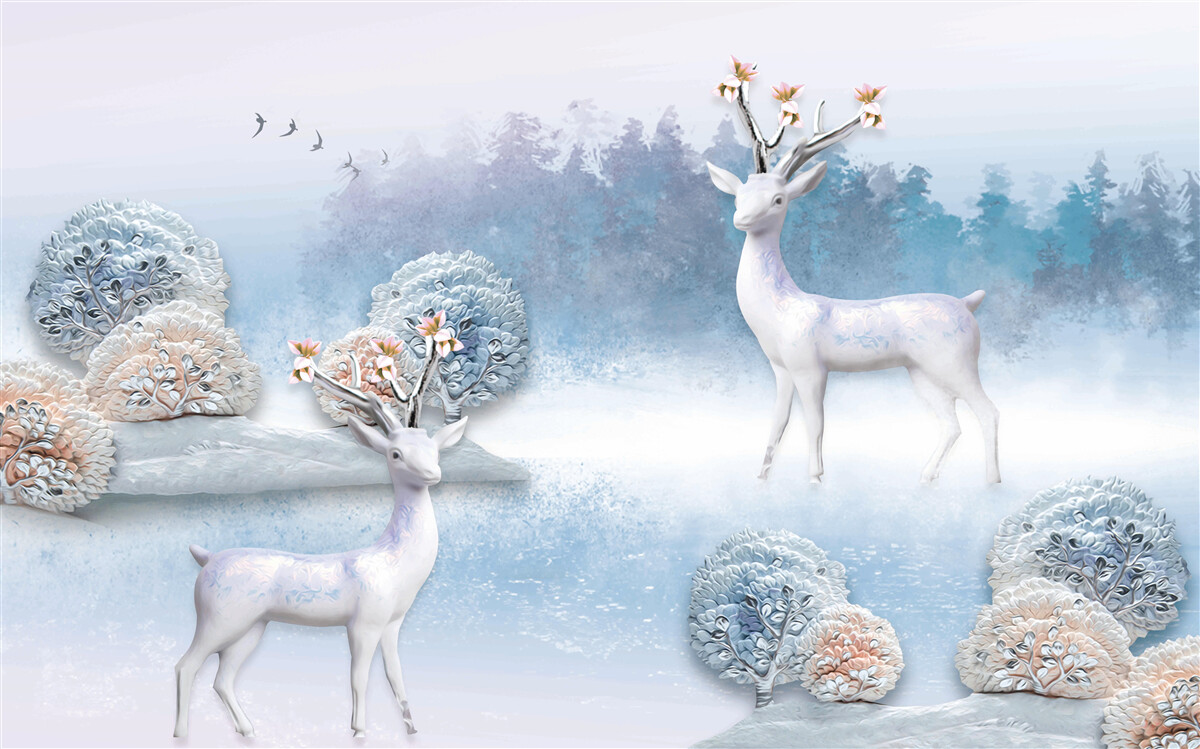 Papier peint cerfs dans une forêt d'hiver