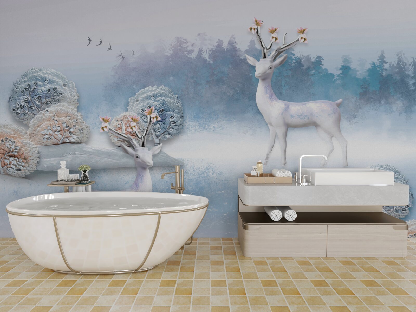 Papier peint cerfs dans une forêt d'hiver