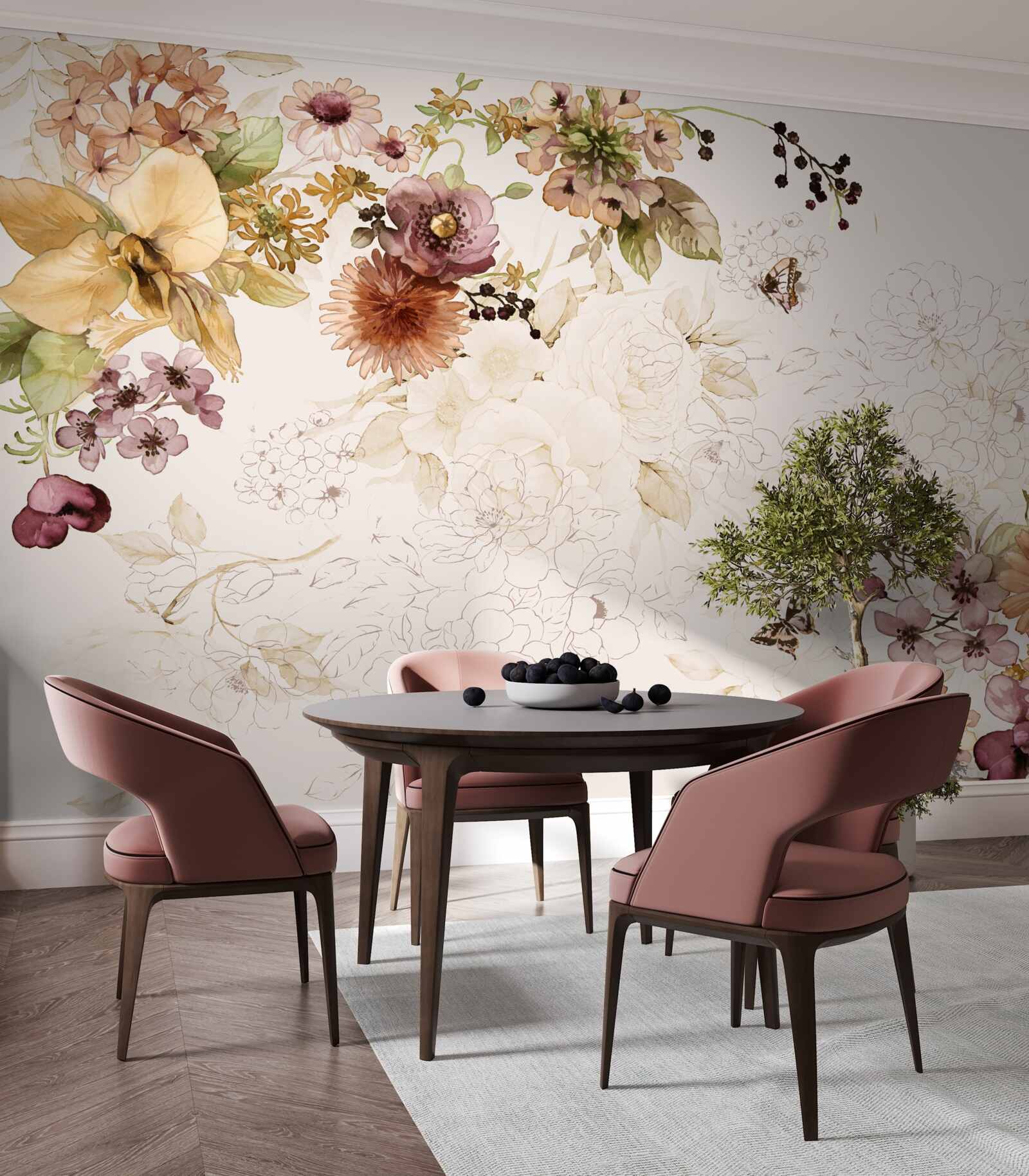 Papier peint compositions florales sur fond délicat