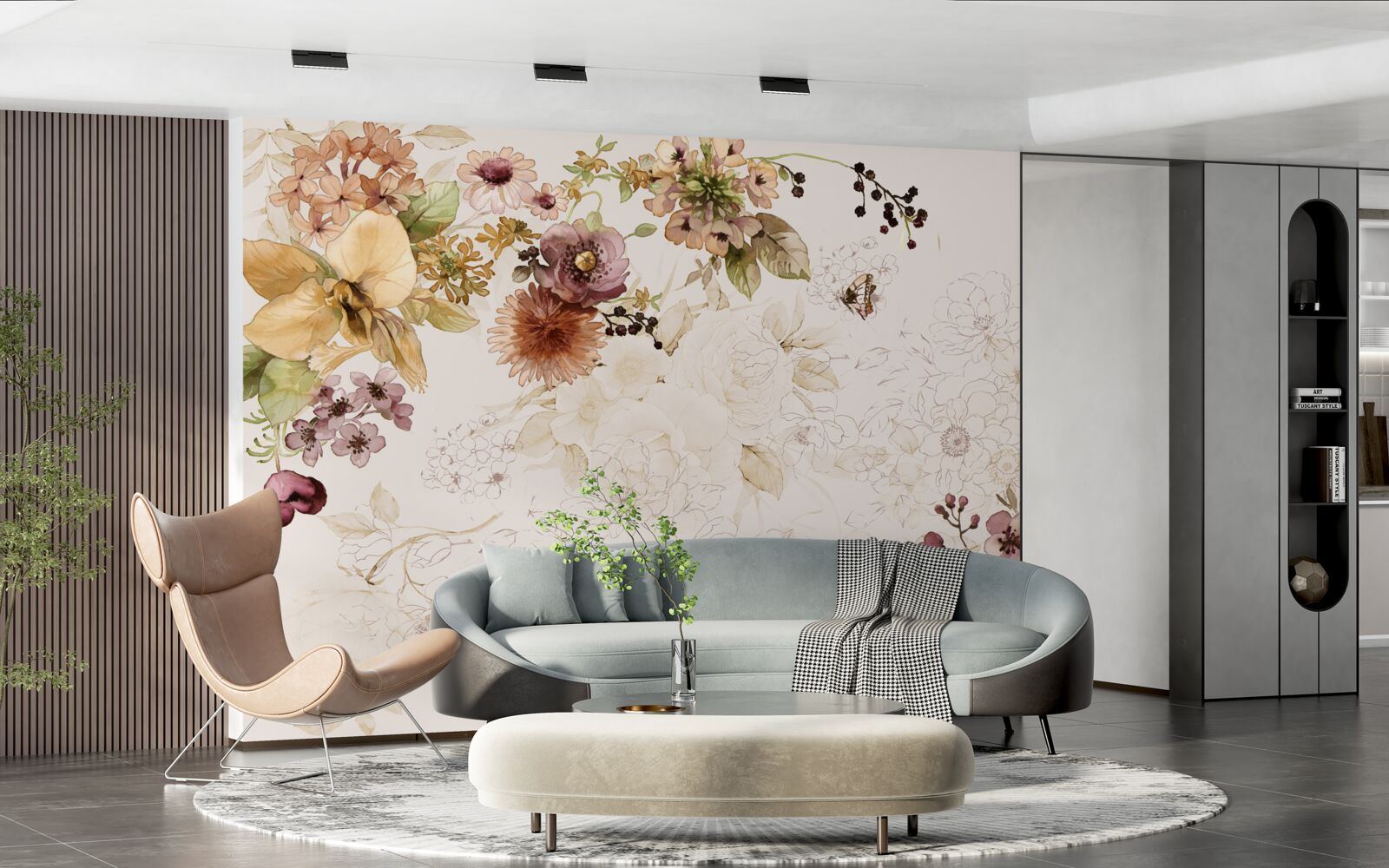 Papier peint compositions florales sur fond délicat