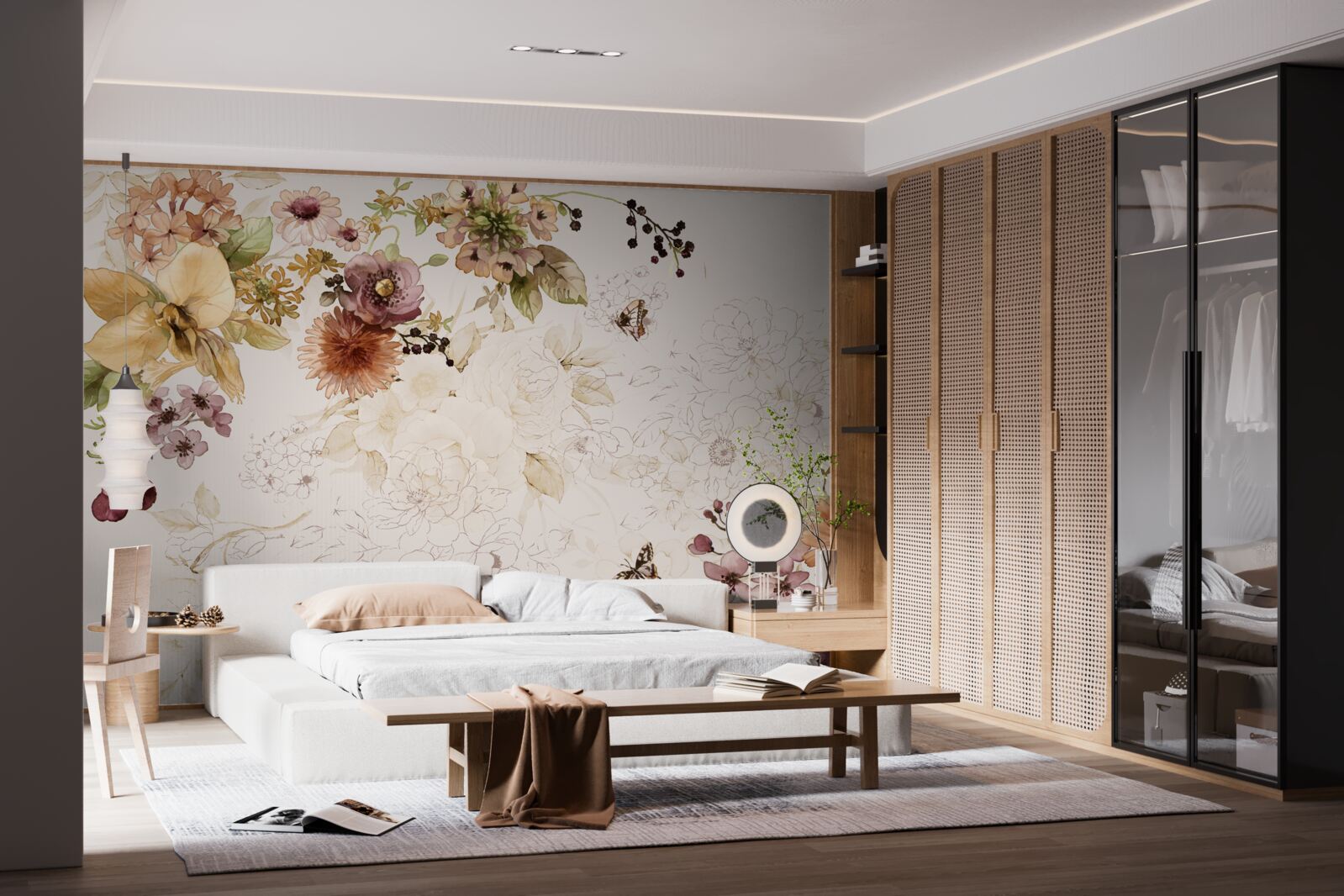 Papier peint compositions florales sur fond délicat