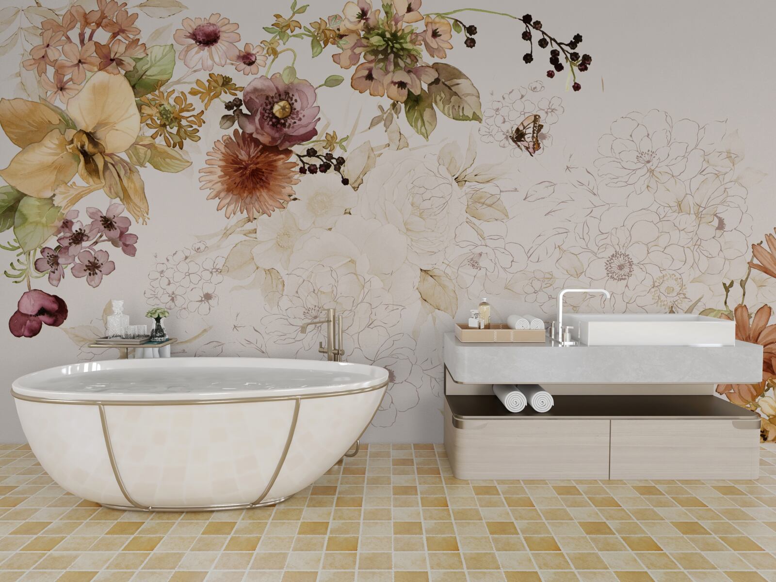 Papier peint compositions florales sur fond délicat