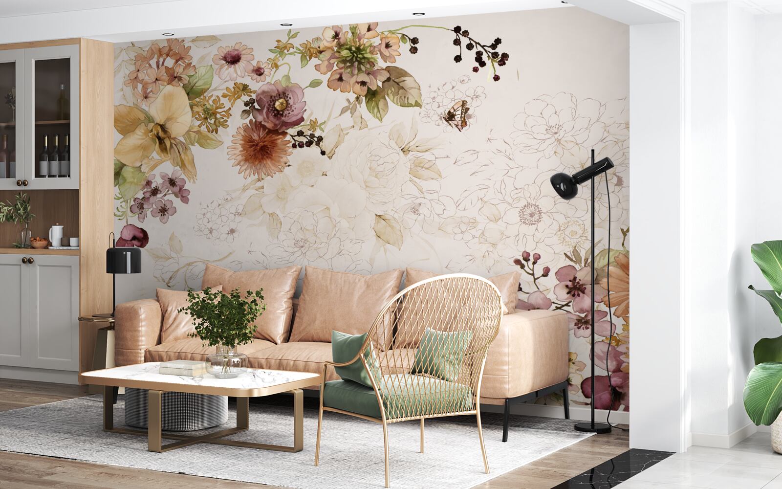 Papier peint compositions florales sur fond délicat