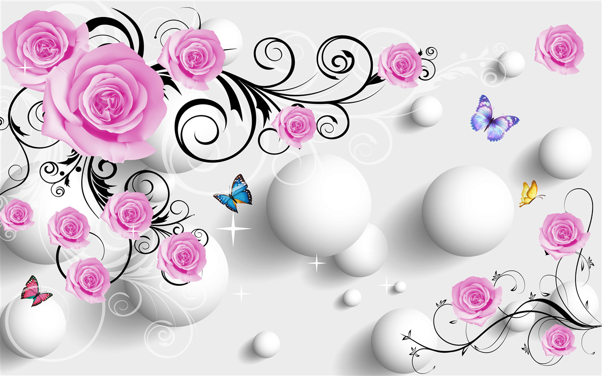 Papier peint roses colorées sur un fond 3d composé de boules