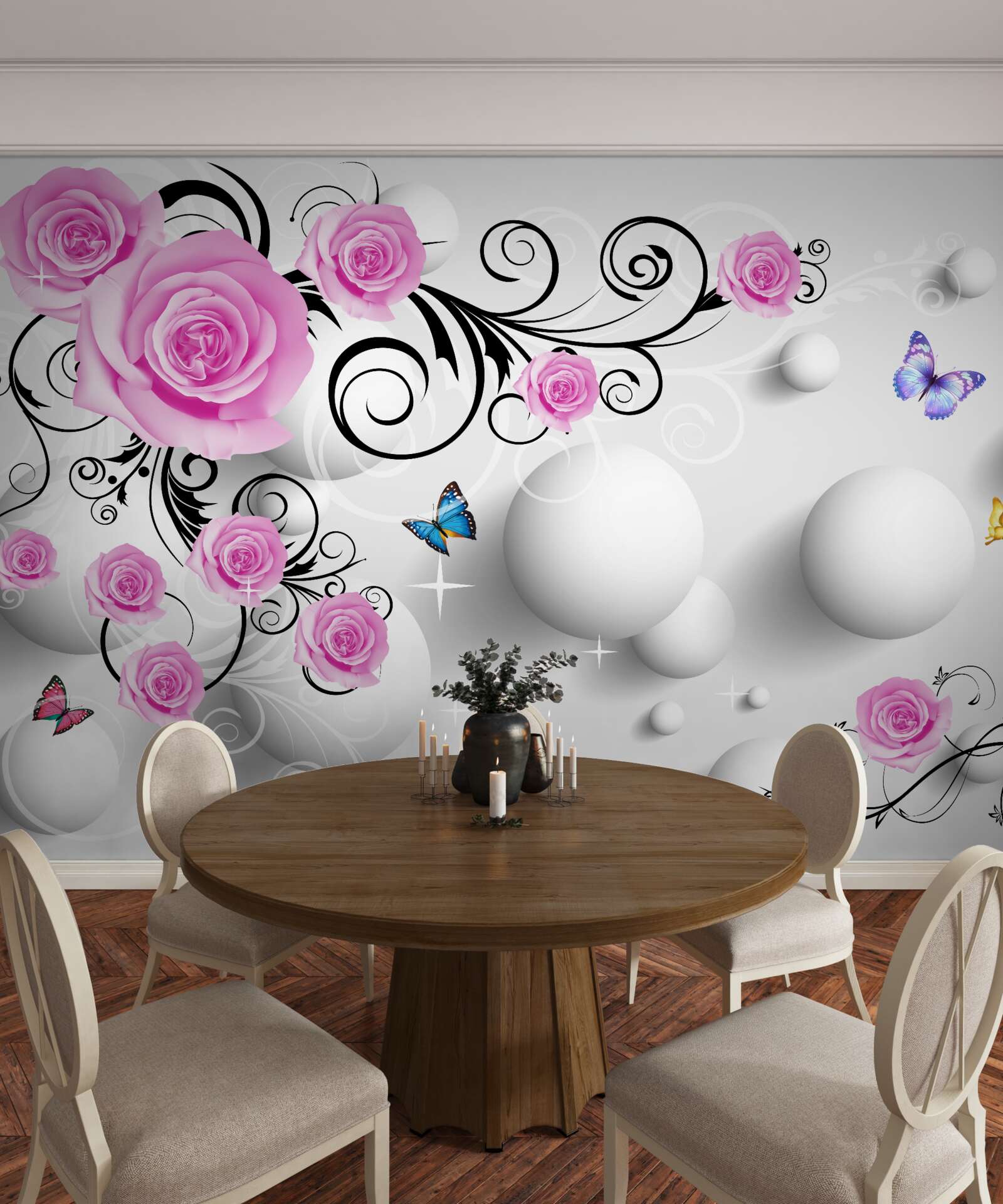 Papier peint roses colorées sur un fond 3d composé de boules