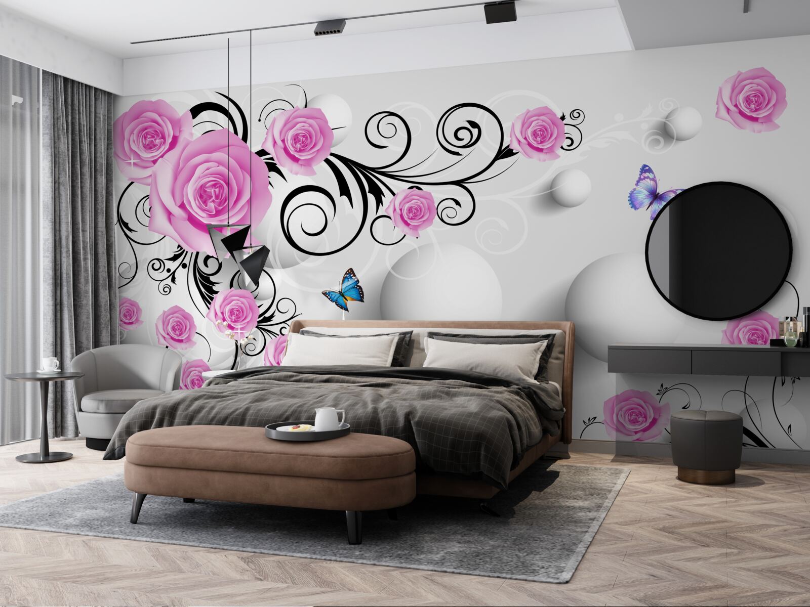 Papier peint roses colorées sur un fond 3d composé de boules