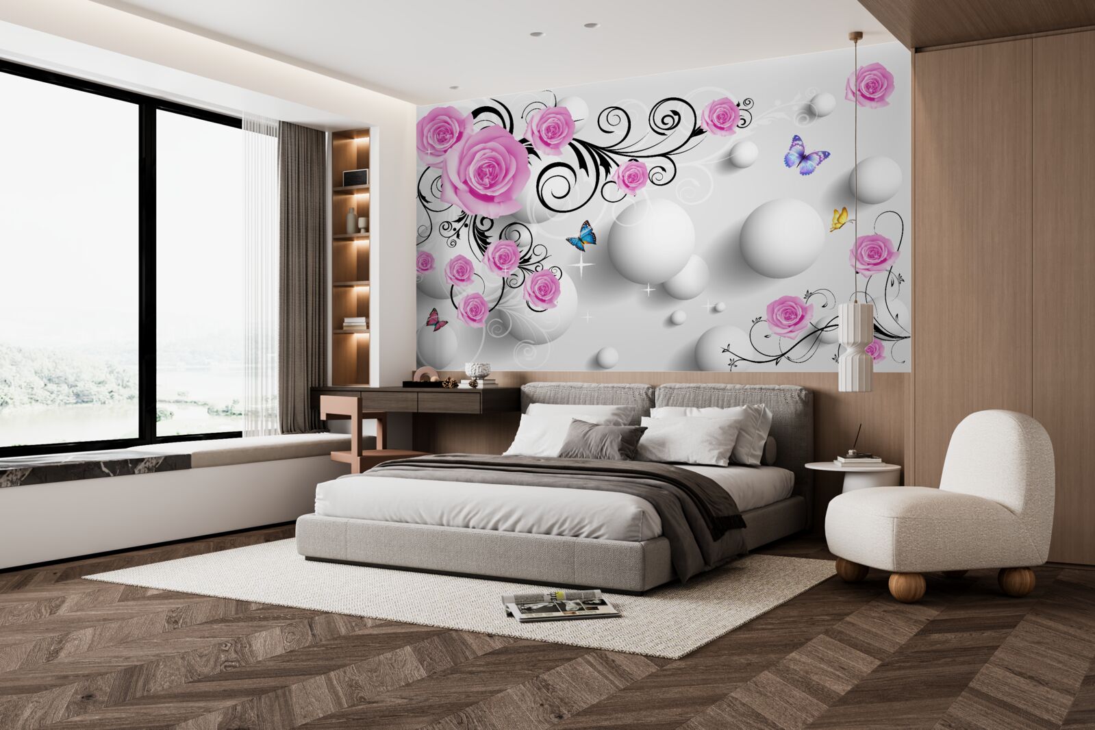 Papier peint roses colorées sur un fond 3d composé de boules