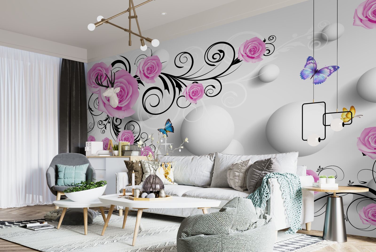 Papier peint roses colorées sur un fond 3d composé de boules