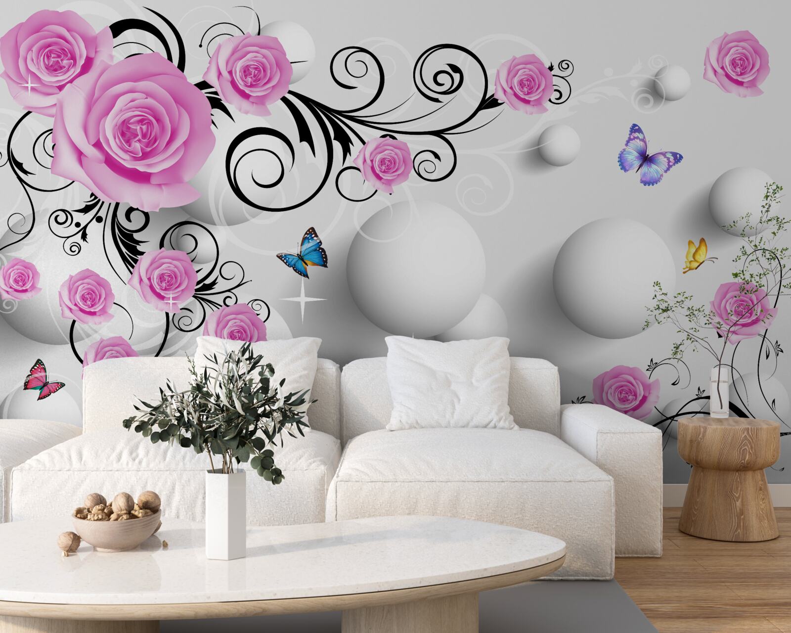Papier peint roses colorées sur un fond 3d composé de boules