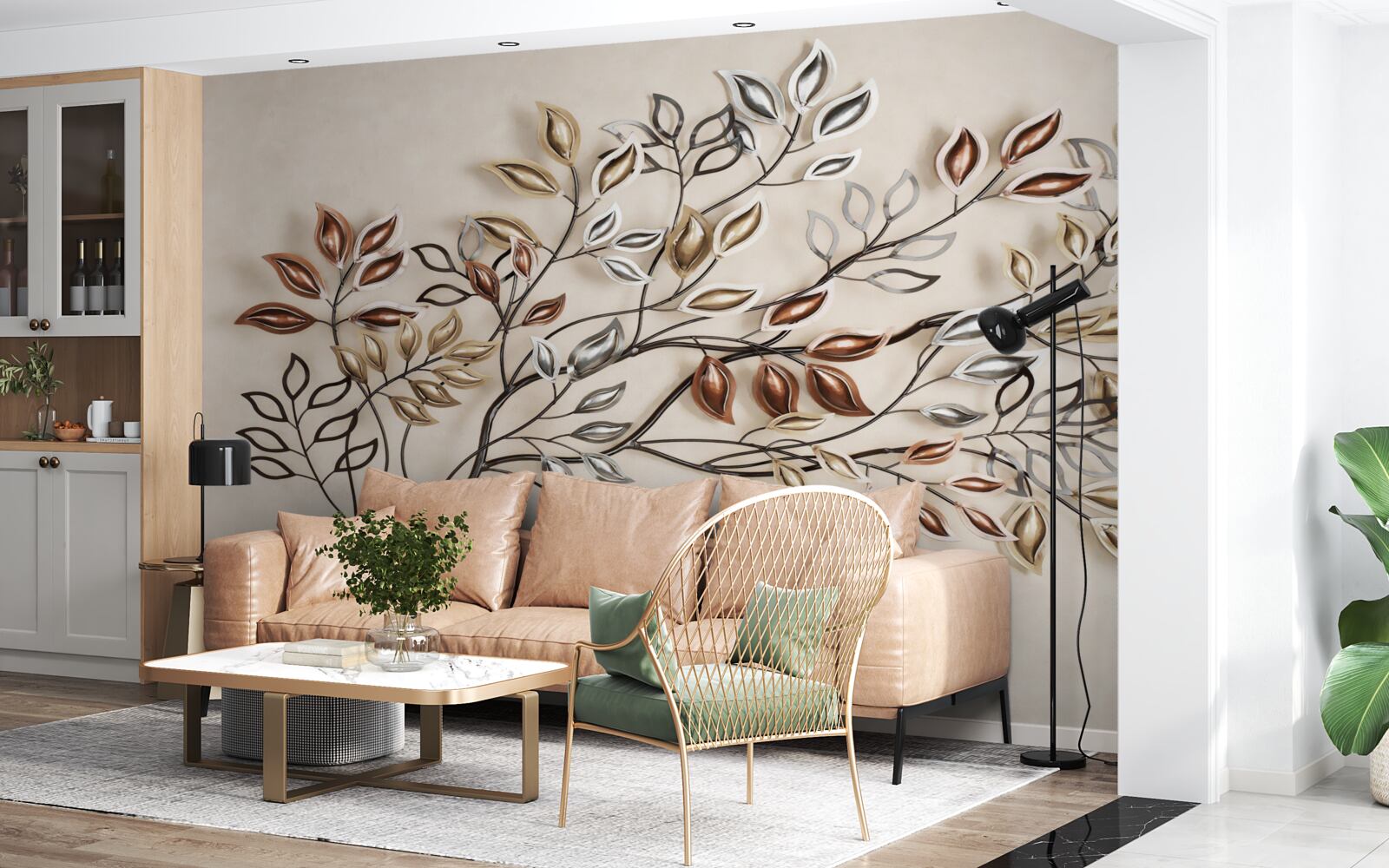 Papier peint feuilles de métal sur une branche