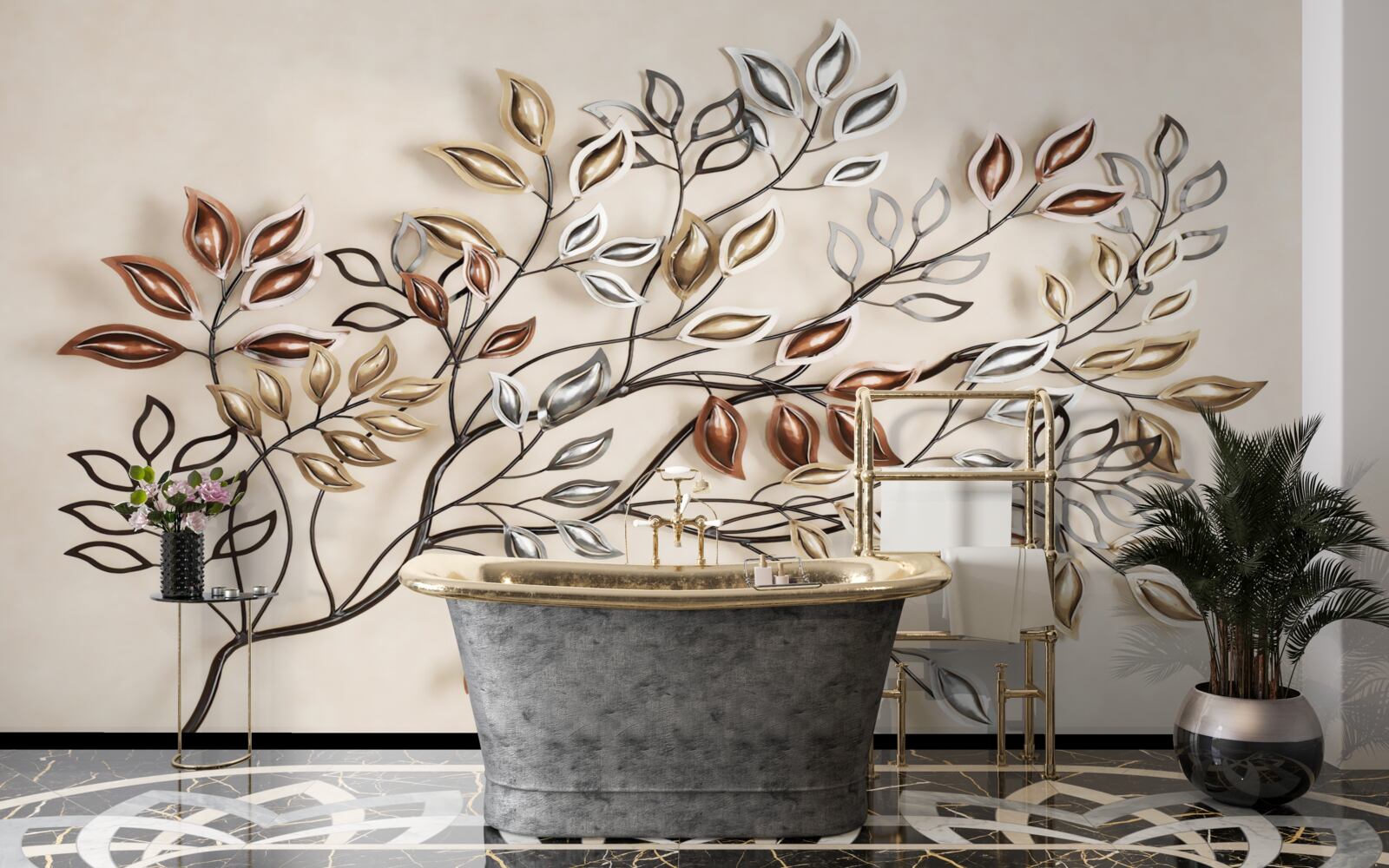 Papier peint feuilles de métal sur une branche