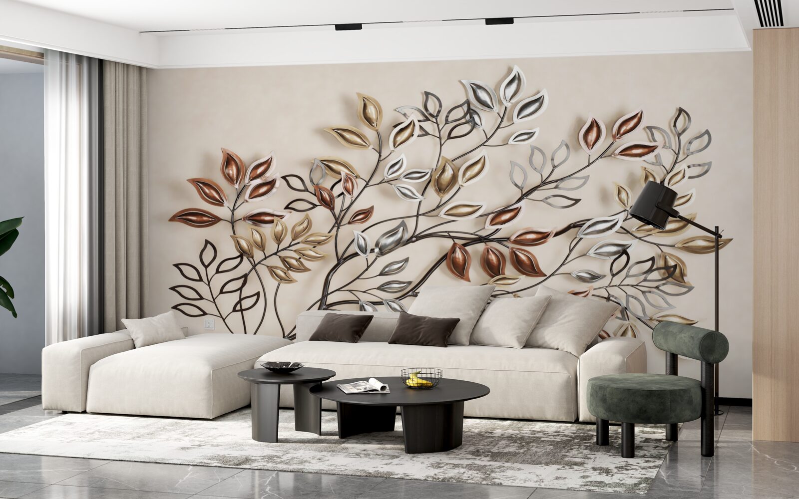 Papier peint feuilles de métal sur une branche