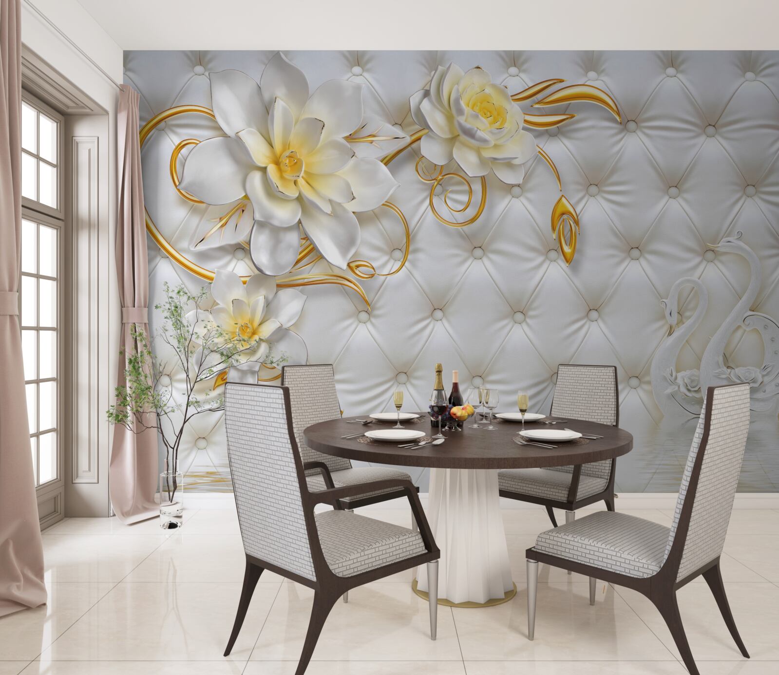 Papier peint tissu blanc texture et fleurs