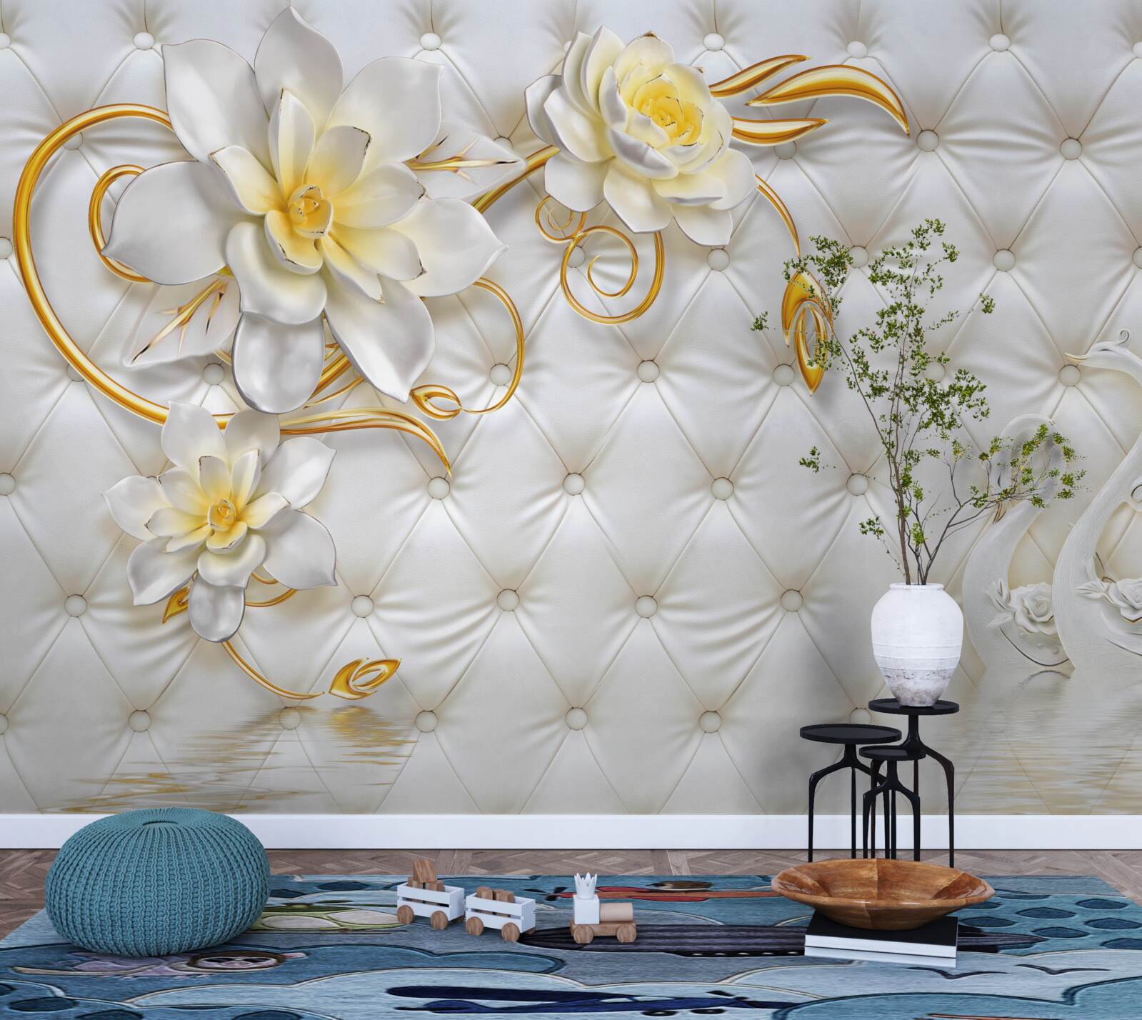 Papier peint tissu blanc texture et fleurs