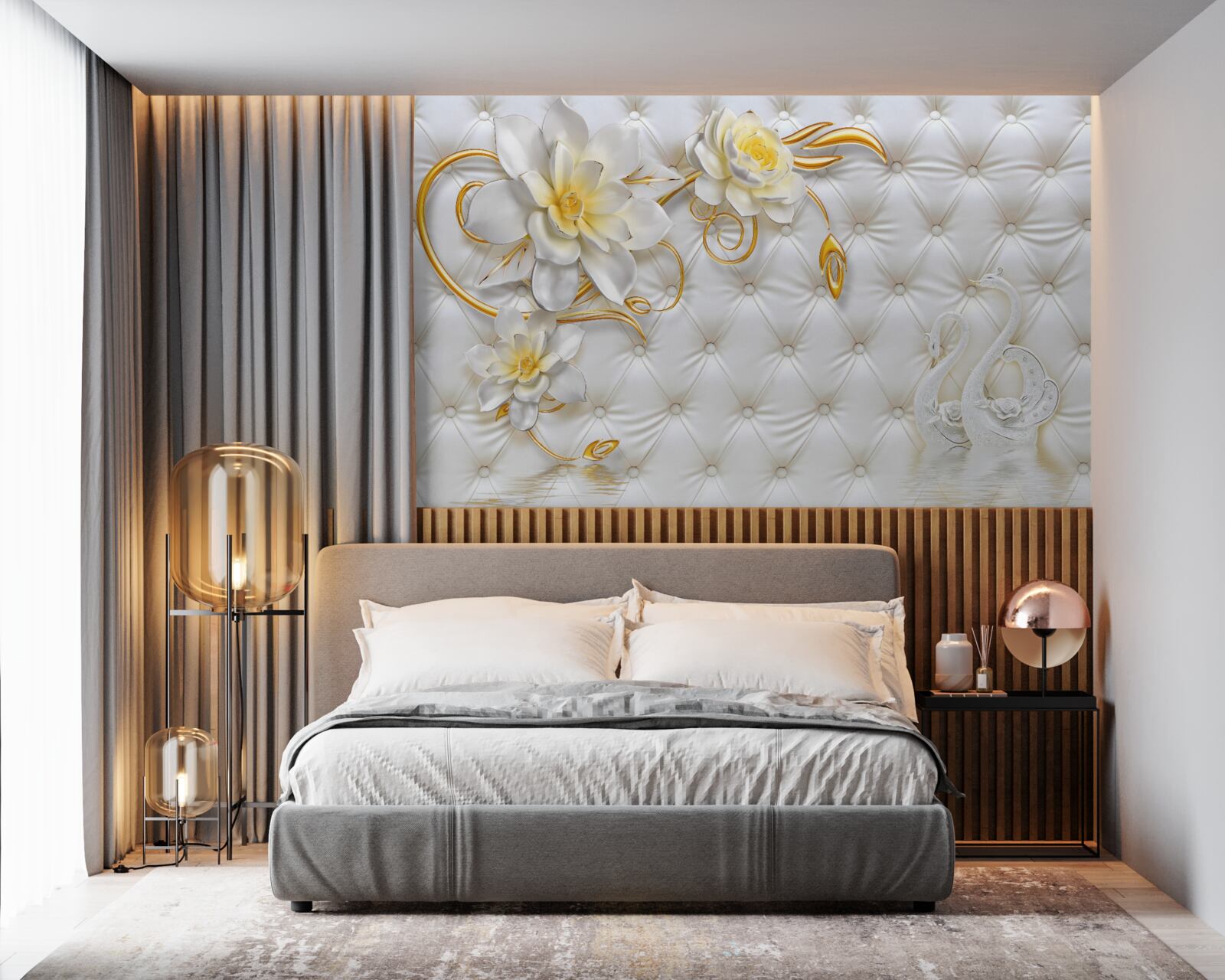 Papier peint tissu blanc texture et fleurs