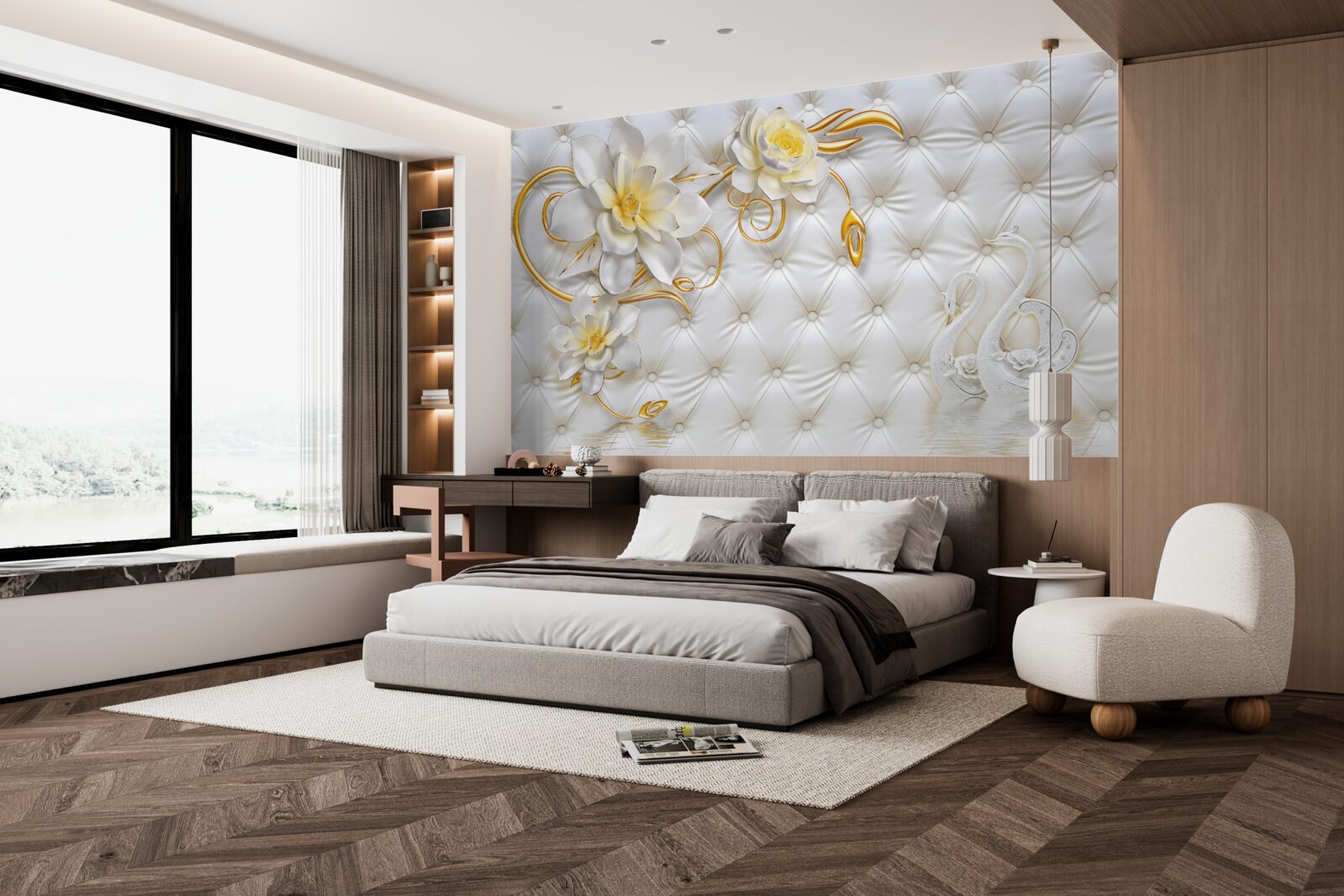 Papier peint tissu blanc texture et fleurs