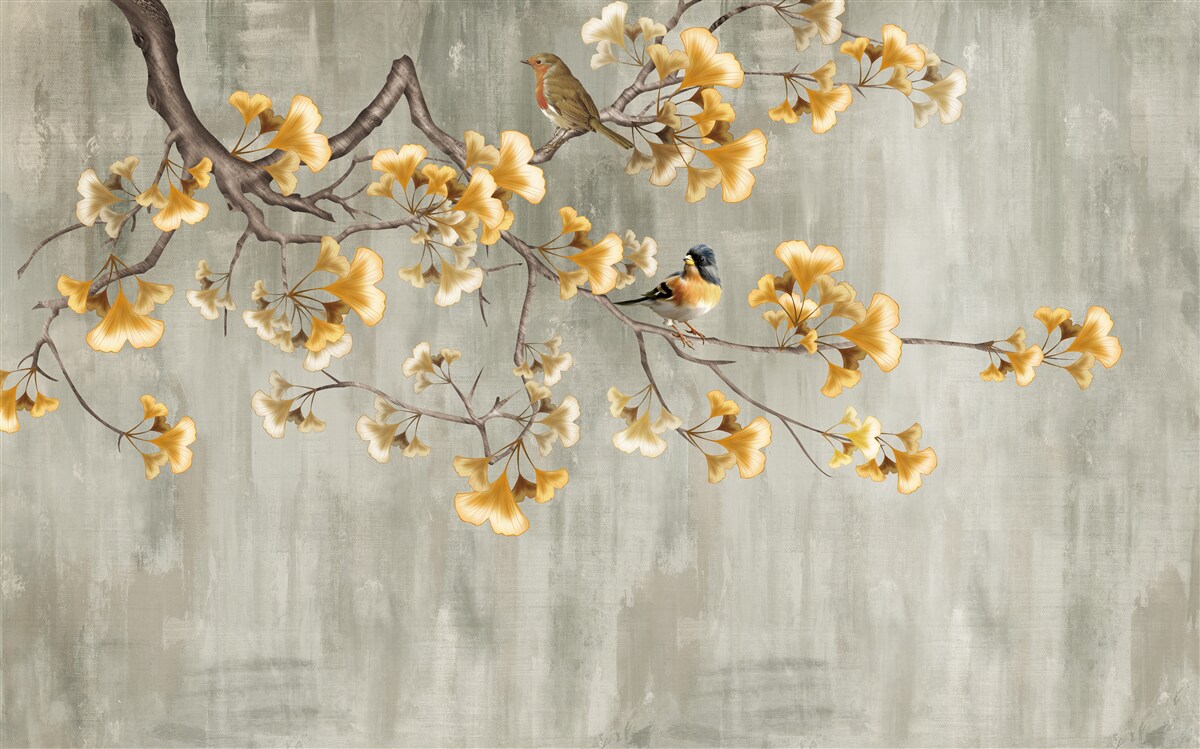 Papier peint des oiseaux et une branche avec des fleurs jaunes